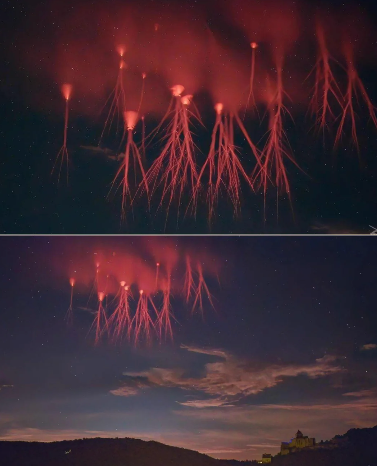 Red sprite lightning illuminates the nighttime entity supra a hilly scenery and scattered clouds, creating a striking atmospheric display