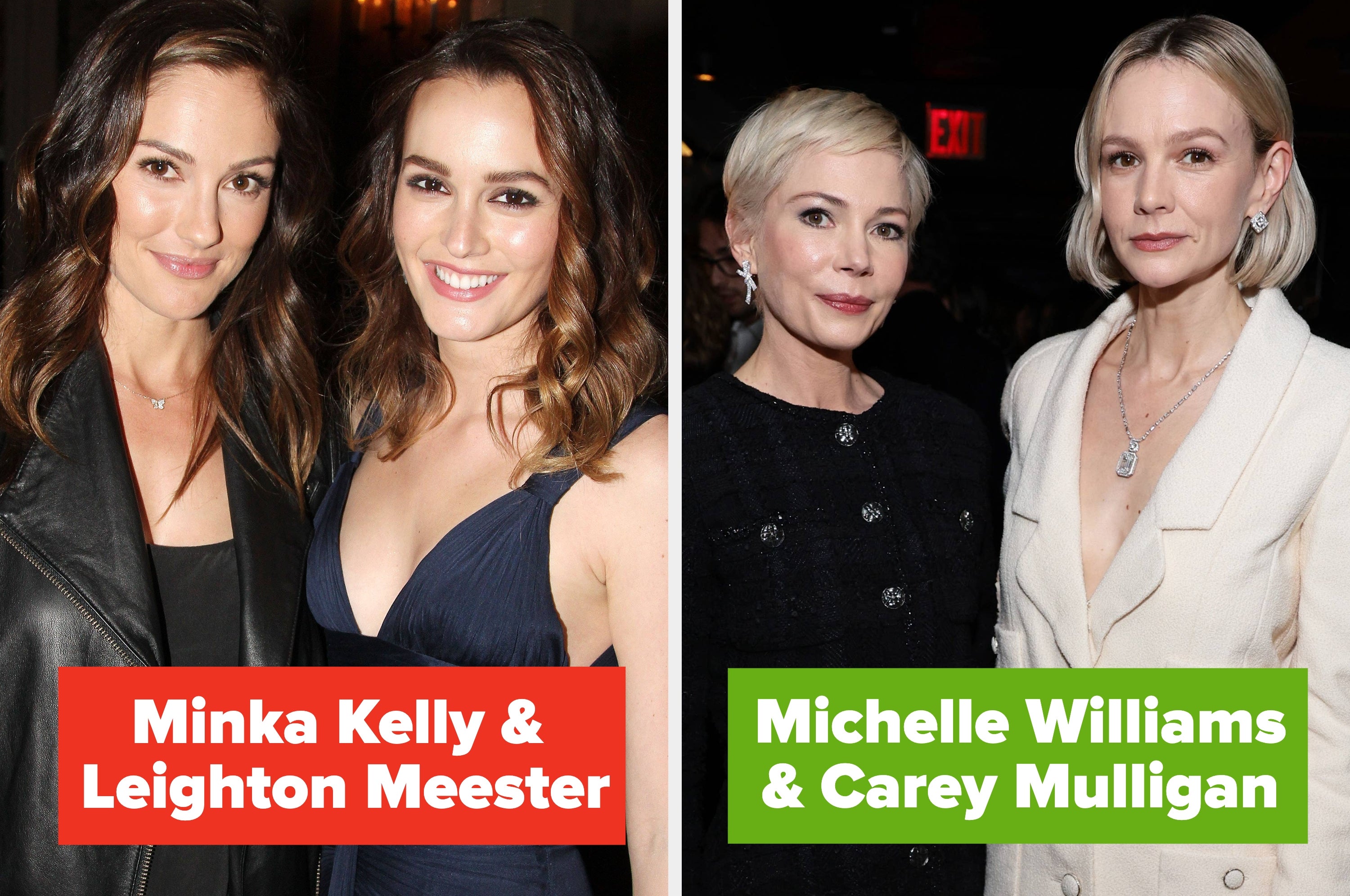 Minka Kelly with Leighton Meester, both in elegant attire; Michelle Williams with Carey Mulligan in chic outfits at an event