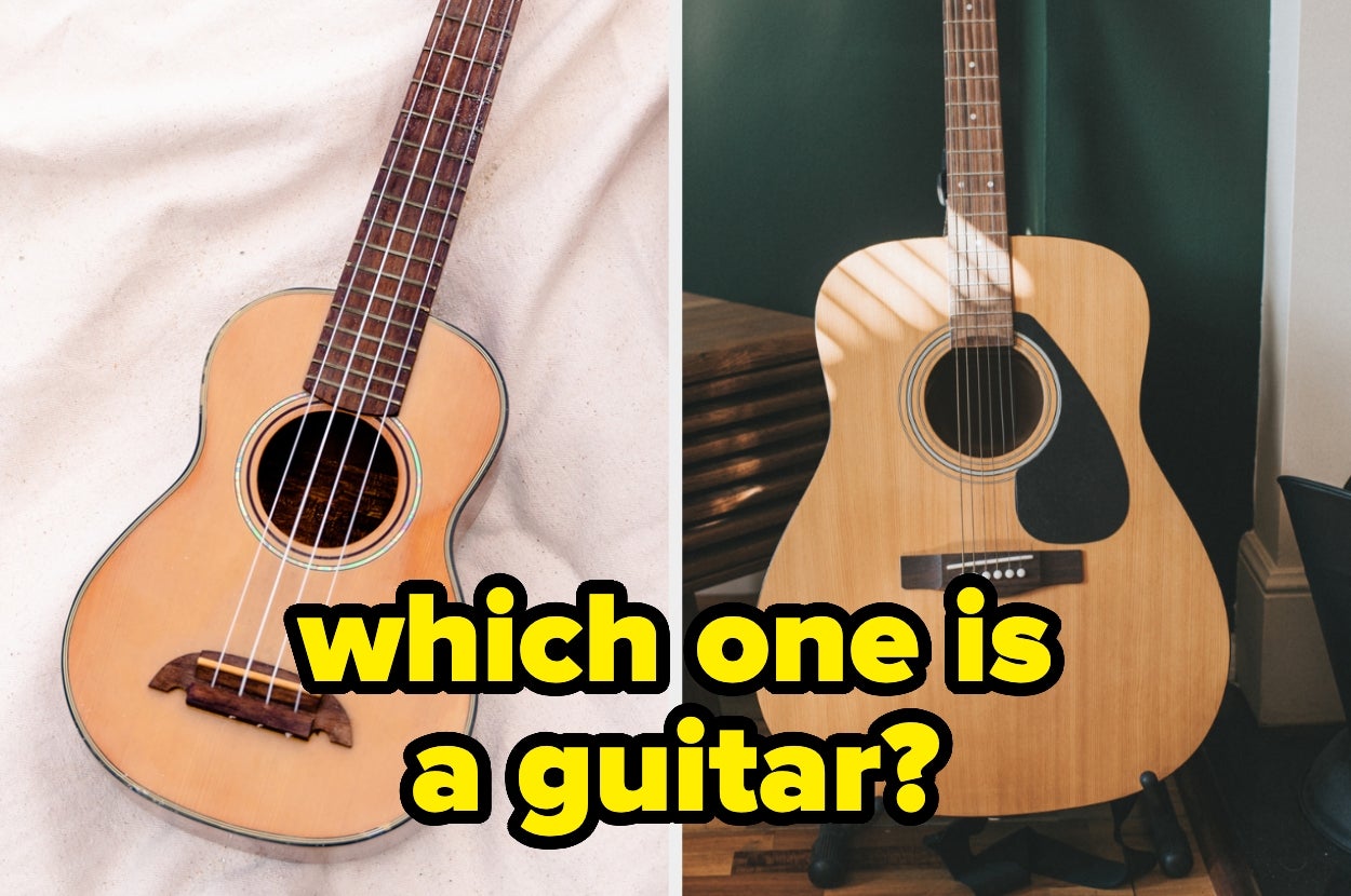 A side-by-side comparison of a ukulele and a guitar with the text "which one is a guitar?" displayed over the image
