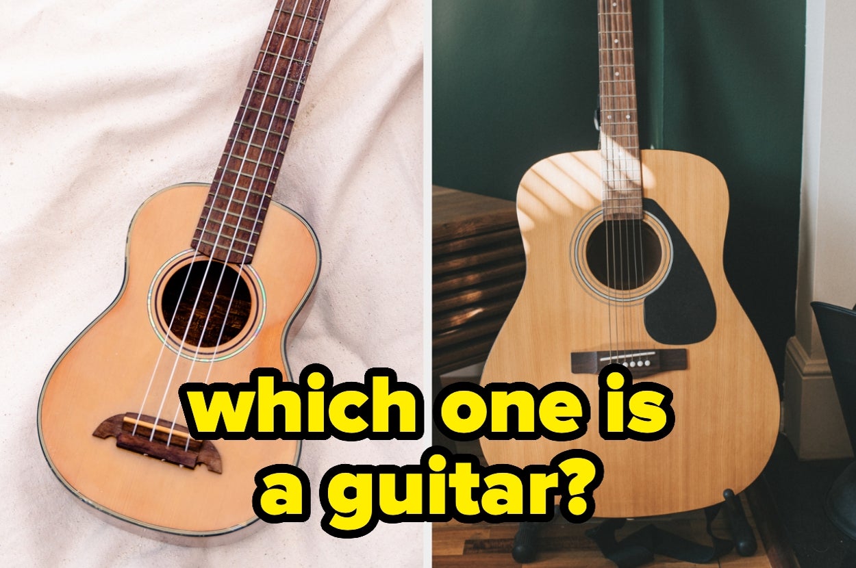A side-by-side comparison of a ukulele and a guitar with the text "which one is a guitar?" displayed over the image