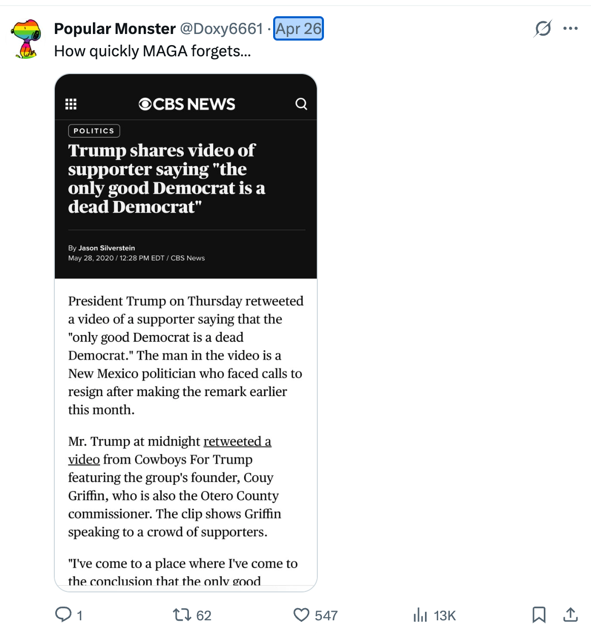 Tweet med et skjermbilde av en CBS News-artikkel med tittelen 
