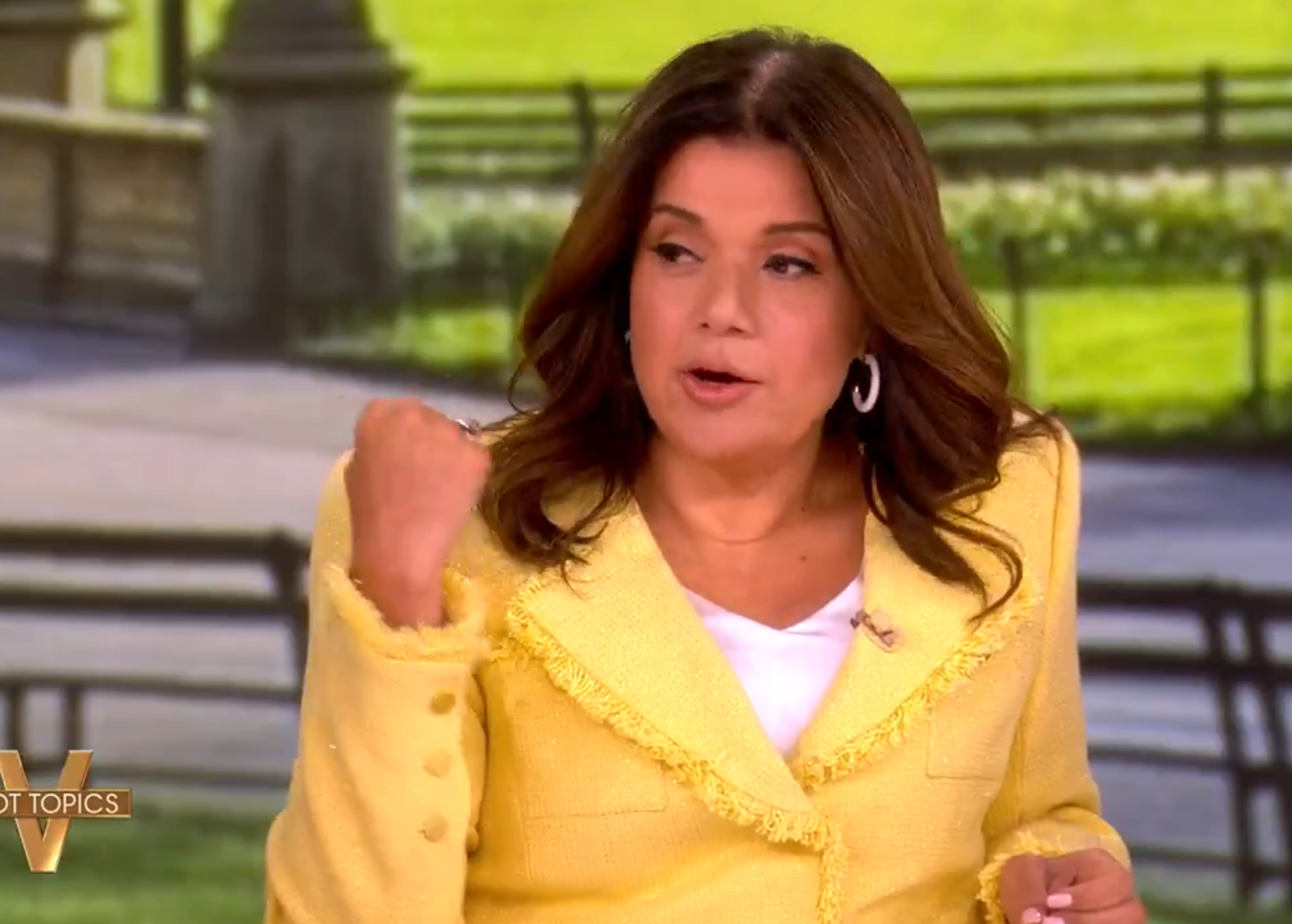 Person gesturing with a raised fist connected  a speech   amusement   set, wearing a frayed, textured blazer