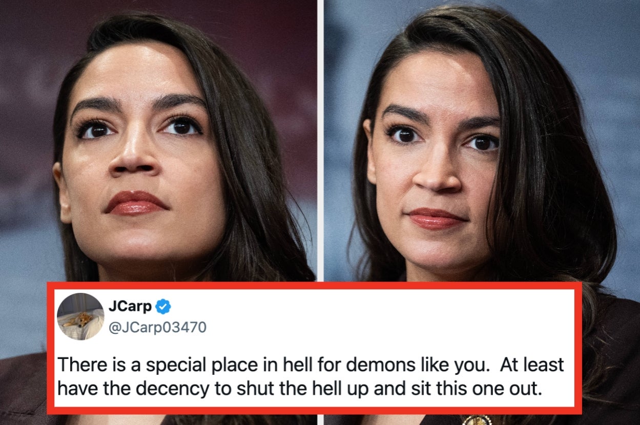 Two photos of a woman with medium-length hair and a focused expression. Overlay includes a tweet with a harsh criticism