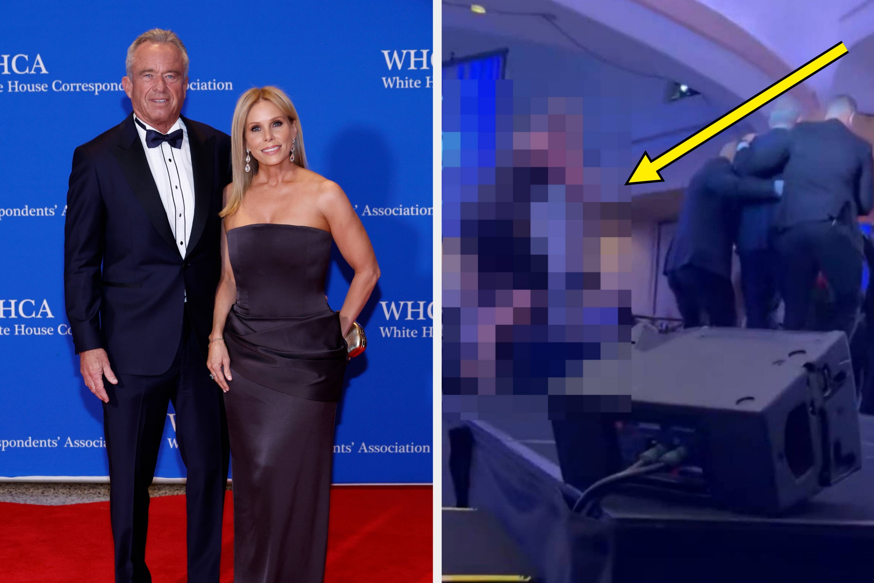 Two people pose at the White House Correspondents' Association event. The woman is wearing an elegant strapless gown