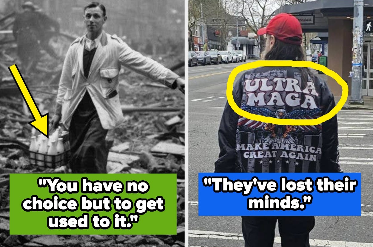 Left: Historic photo of milk delivery. Right: Person wearing a jacket with "Ultra MAGA" slogan