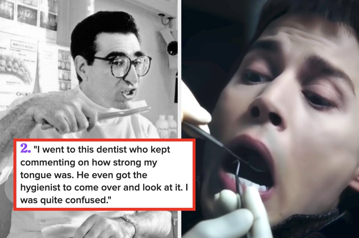 Split image: Left shows a dentist jokingly flexing his arm; right shows a patient with a dentist examining their mouth