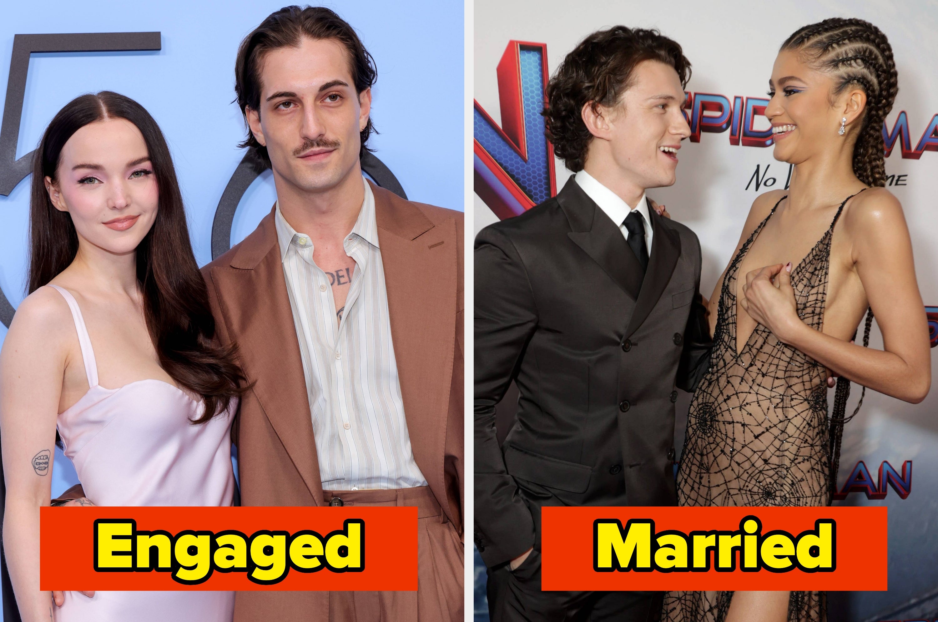 Two couples in split image: left, an engaged couple with the man in a brown suit; right, a married couple with the man in a black sweater