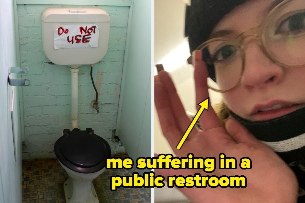 Toilet with "Do Not Use" sign next to an image of me looking distraught captioned "me suffering in a public restroom"