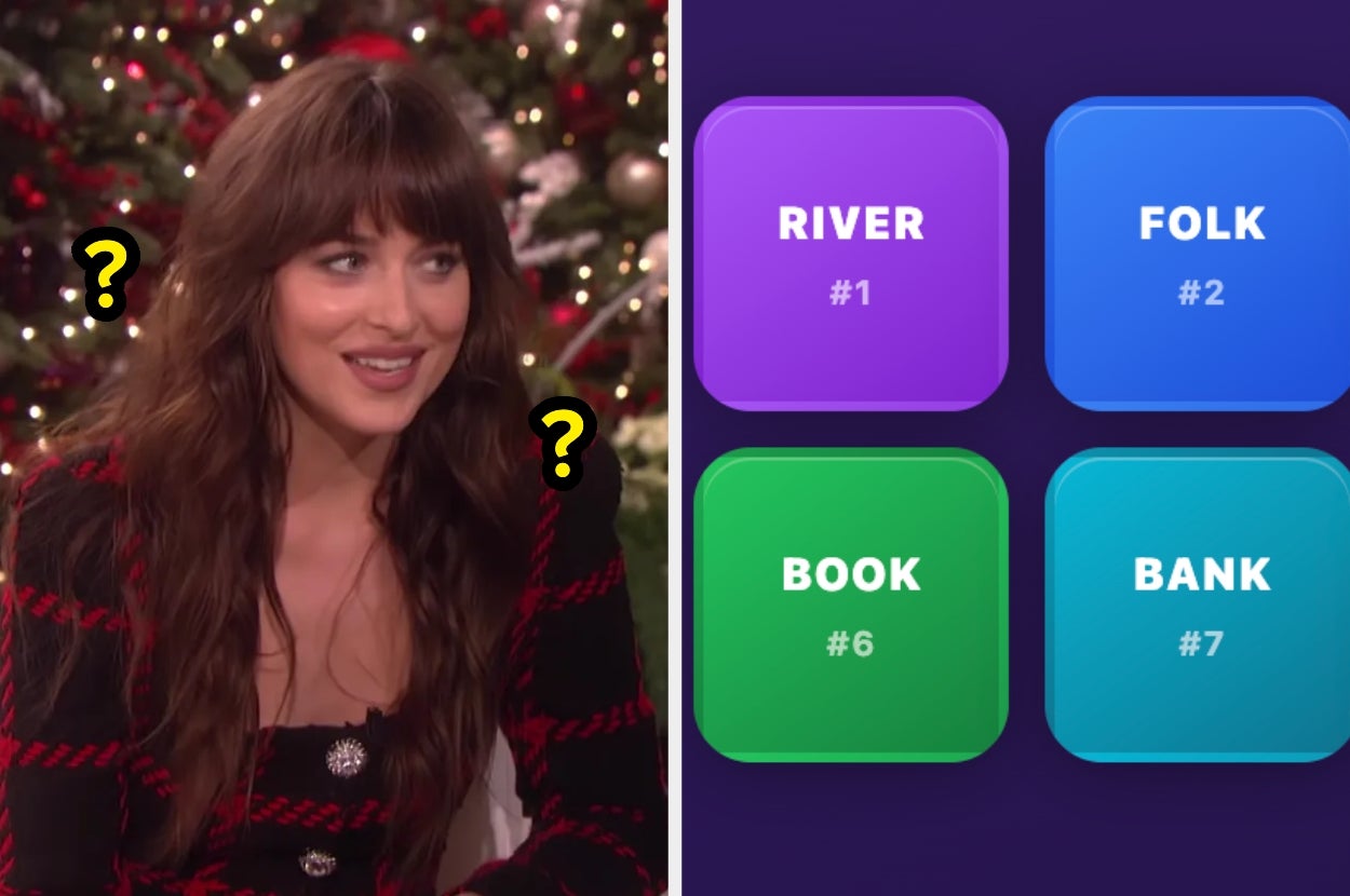 A woman in a checkered outfit appears on a show next to a four-word game interface with "River," "Folk," "Book," "Bank."