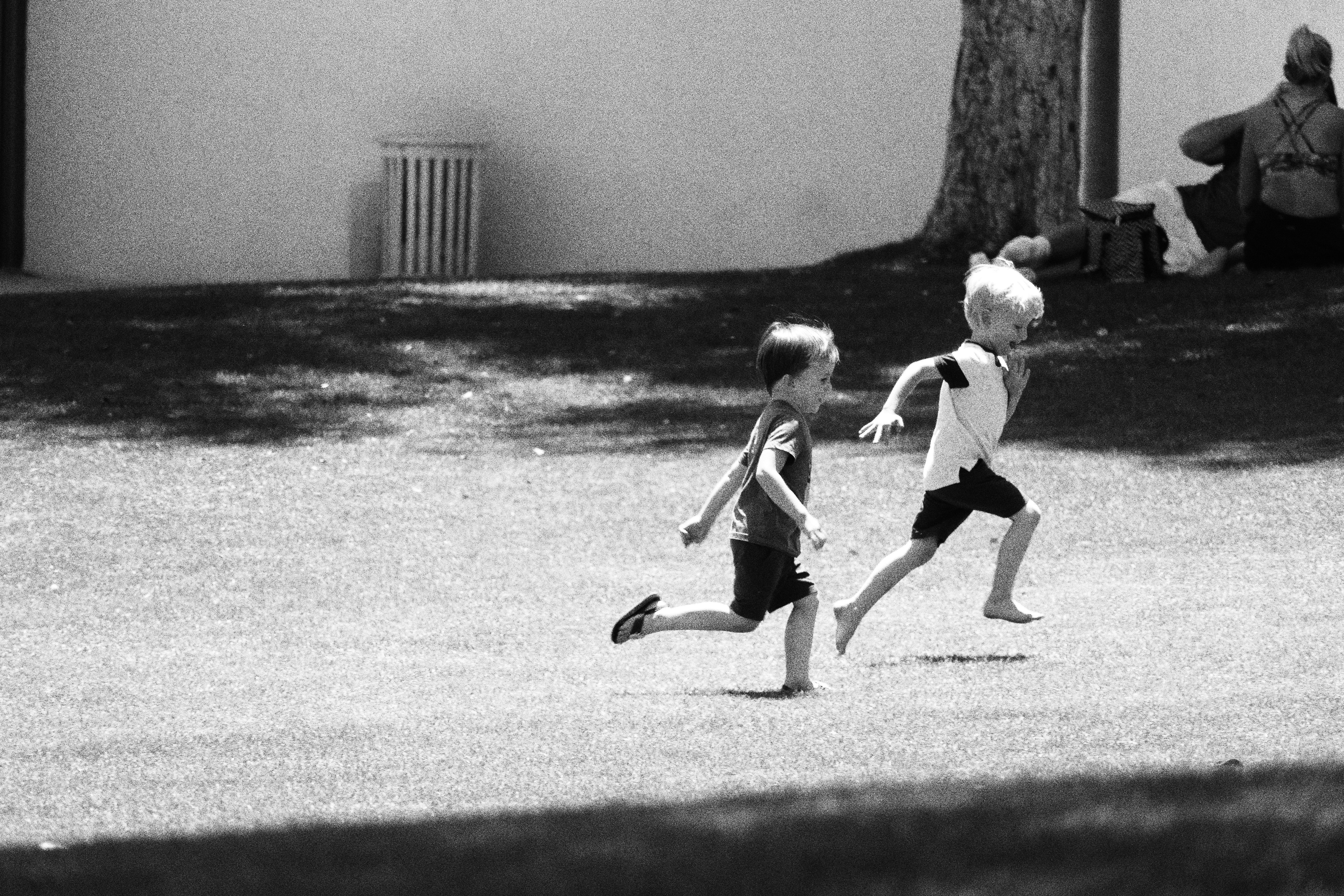 Two children joyfully moving  connected  writer  successful  a park, with a idiosyncratic   seated successful  the inheritance  nether  a tree