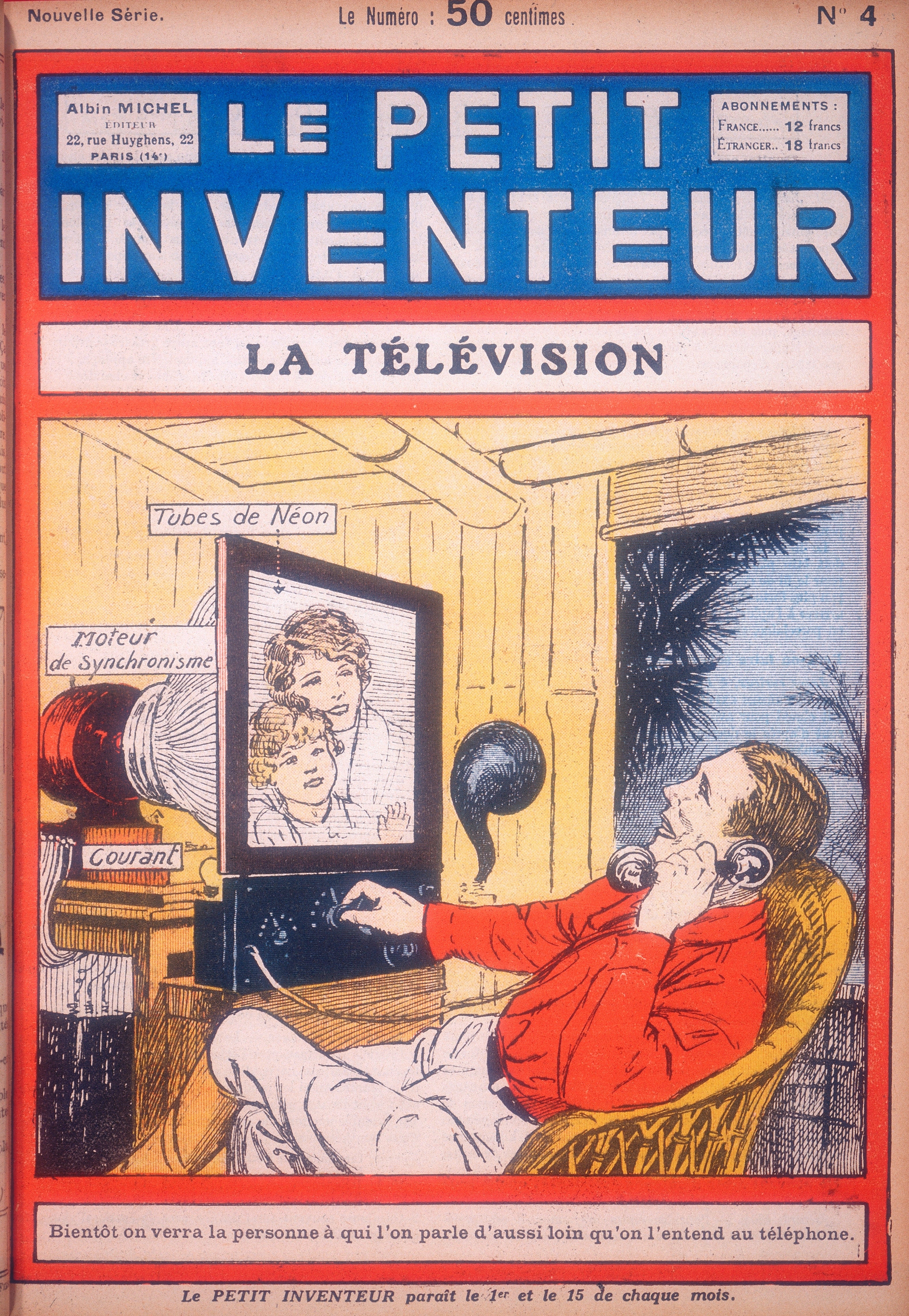 Magazine screen  illustration of a antheral   reclining, watching TV with a child's representation  connected  screen, titled "Le Petit Inventeur: La Télévision."