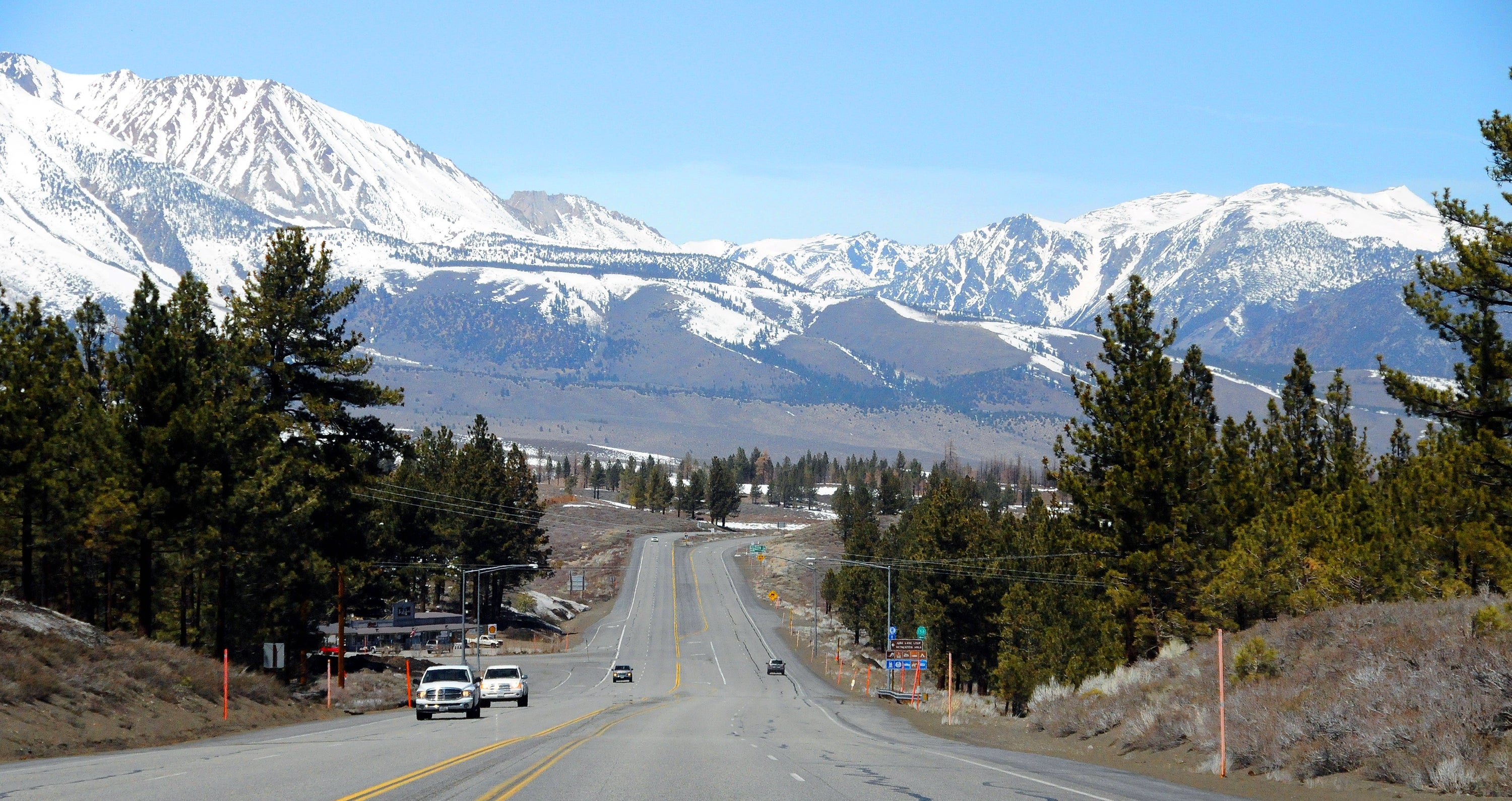 A scenic roadworthy  leads toward snow-capped mountains, flanked by gangly  conifer  trees, nether  a wide   sky