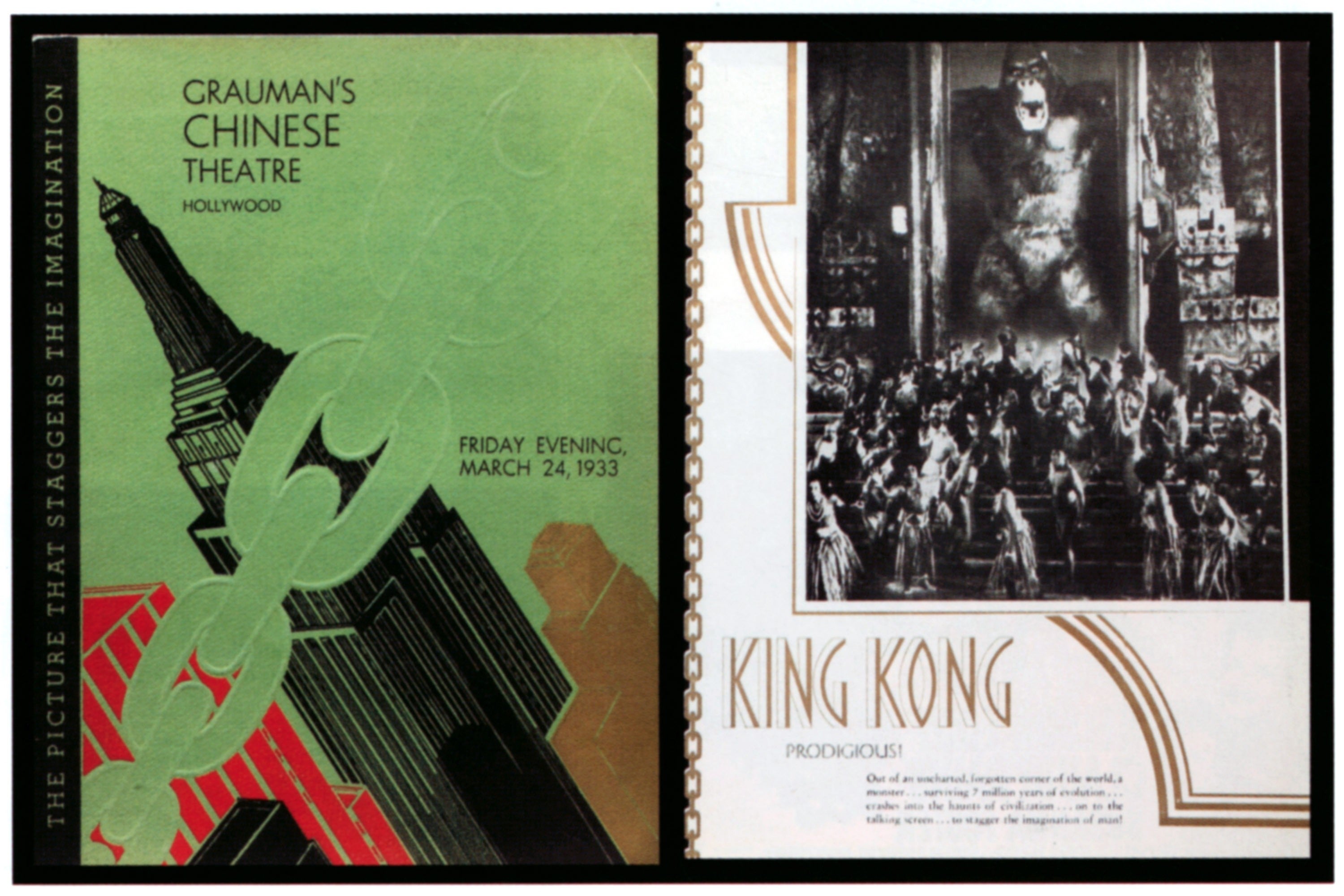 Vintage "King Kong" premiere programme  from March 24, 1933, astatine  Grauman's Chinese Theatre. Includes iconic movie  imagery and lawsuit   details