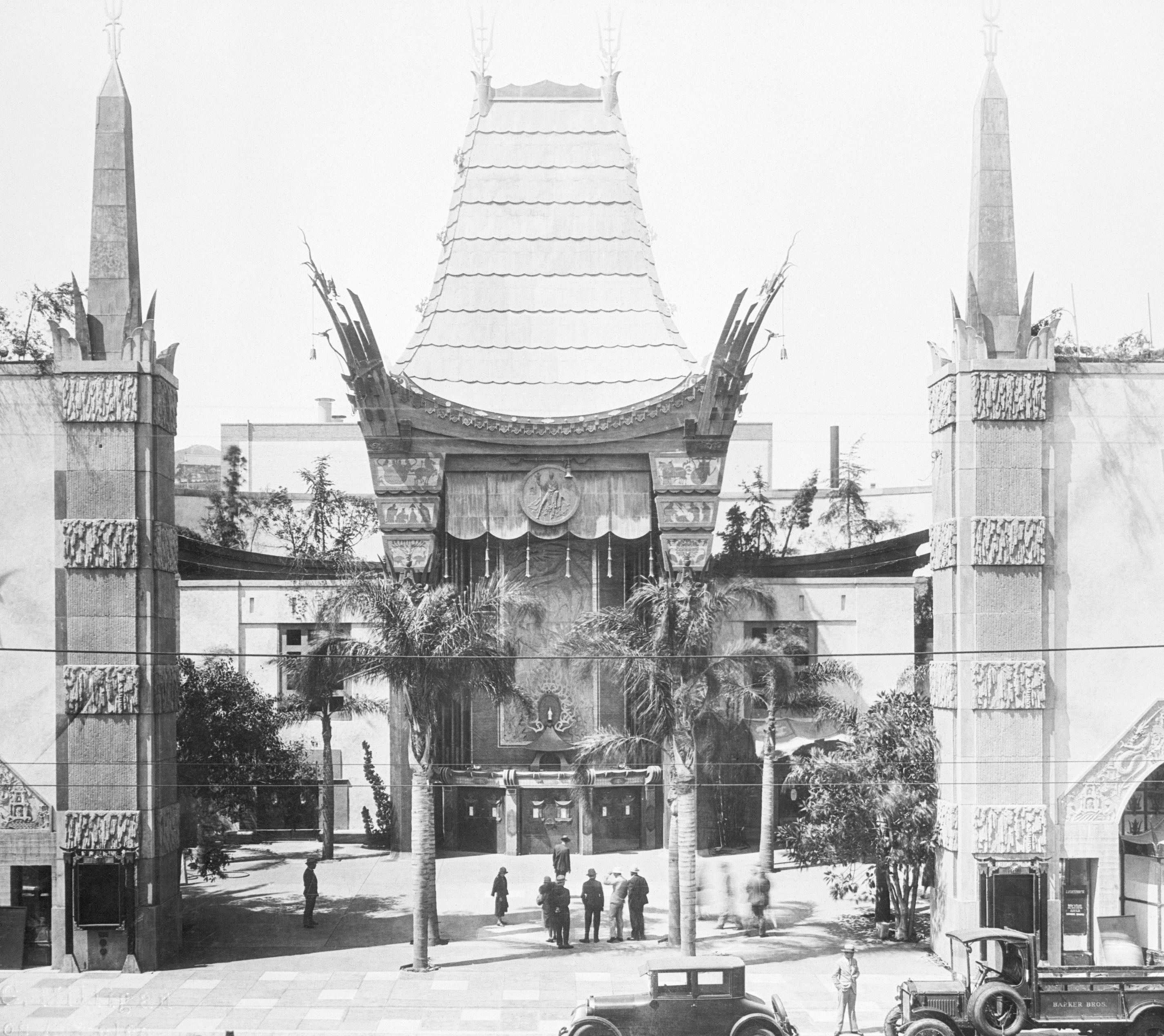 Historic photograph  of Grauman's Chinese Theatre successful  Hollywood, featuring its iconic architectural plan  with aboriginal  20th-century cars and radical   successful  front