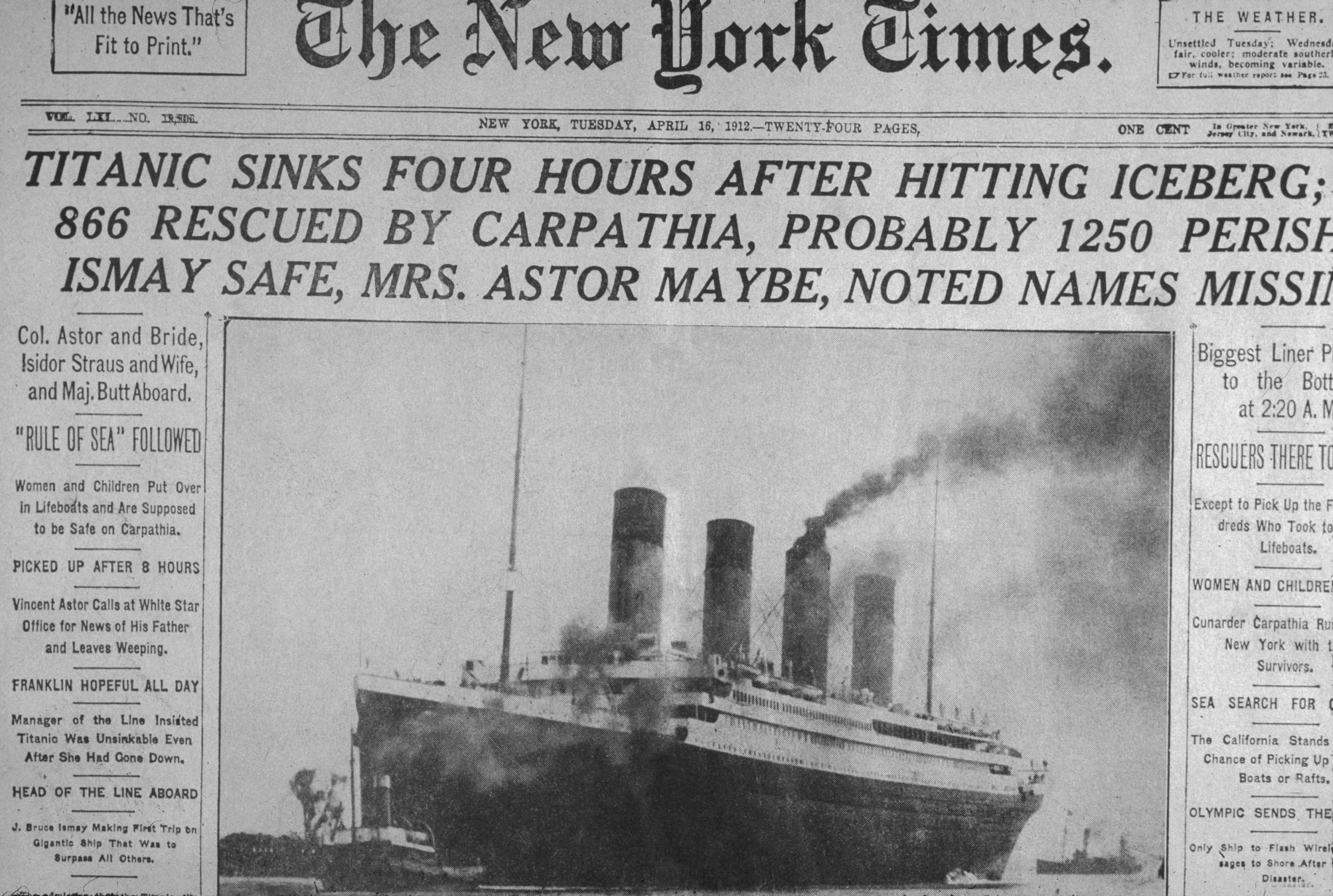 Front leafage   of the April 16, 1912, New York Times announcing the Titanic sinking, noting 866 rescued and 1250 perished