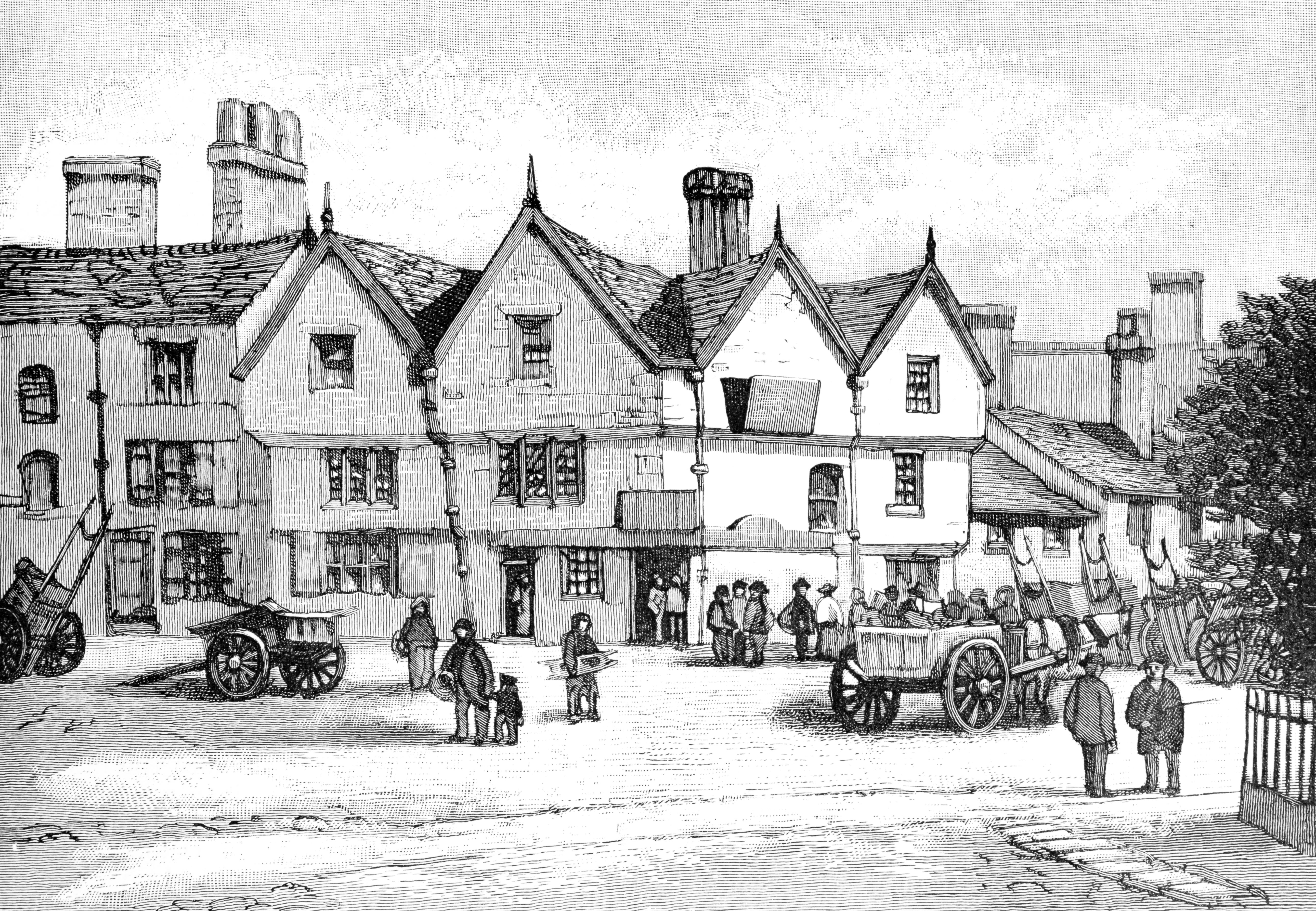 A historical  marketplace  municipality  country   with radical   interacting, horse-drawn carts, and Tudor-style buildings, illustrating a emblematic  19th-century setting