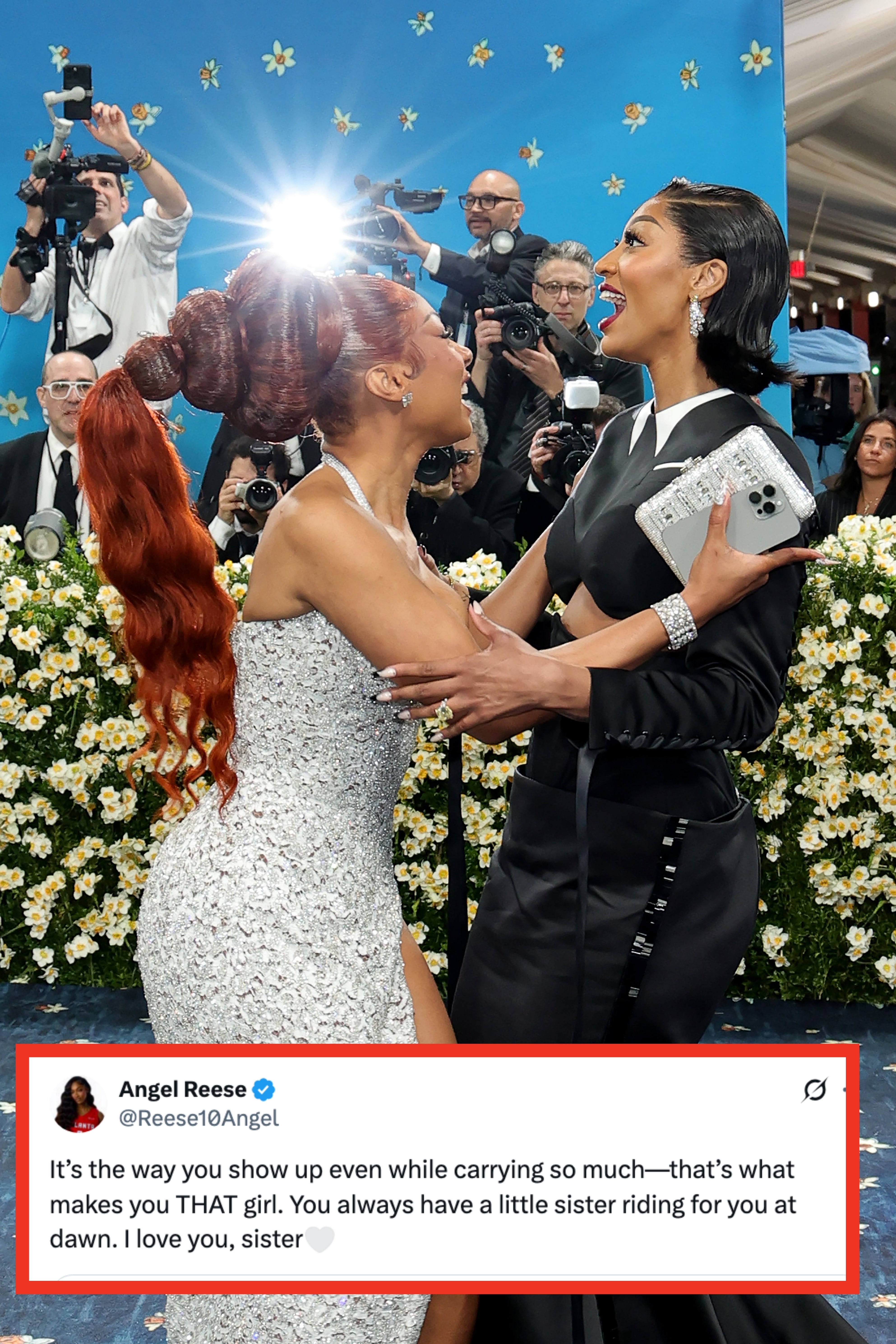 Two celebrities successful  glamorous evening gowns greet each   different   joyfully connected  the reddish  carpet, surrounded by photographers