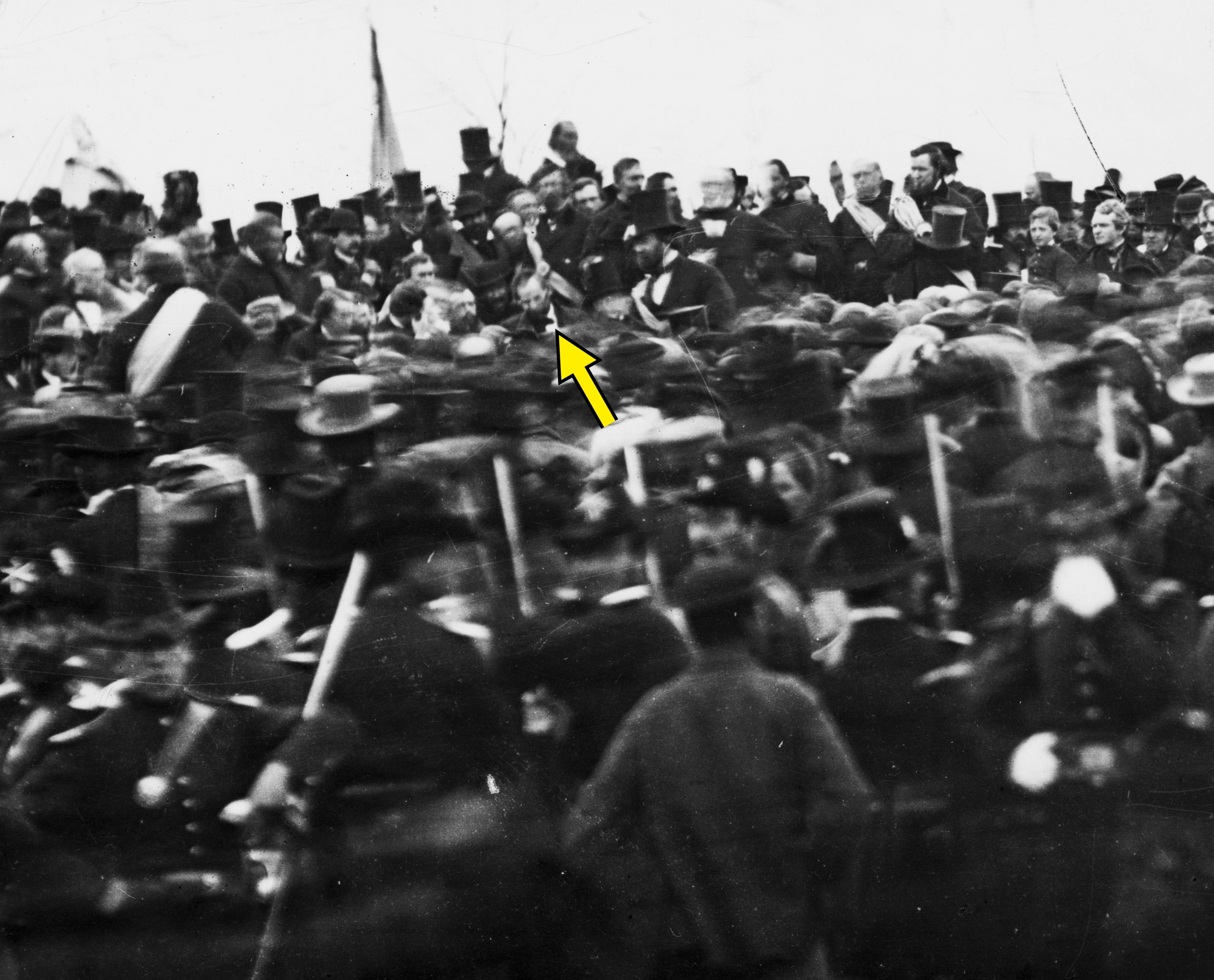 Historic assemblage  gathered for Abraham Lincoln’s Gettysburg Address, 1863, with soldiers and onlookers present