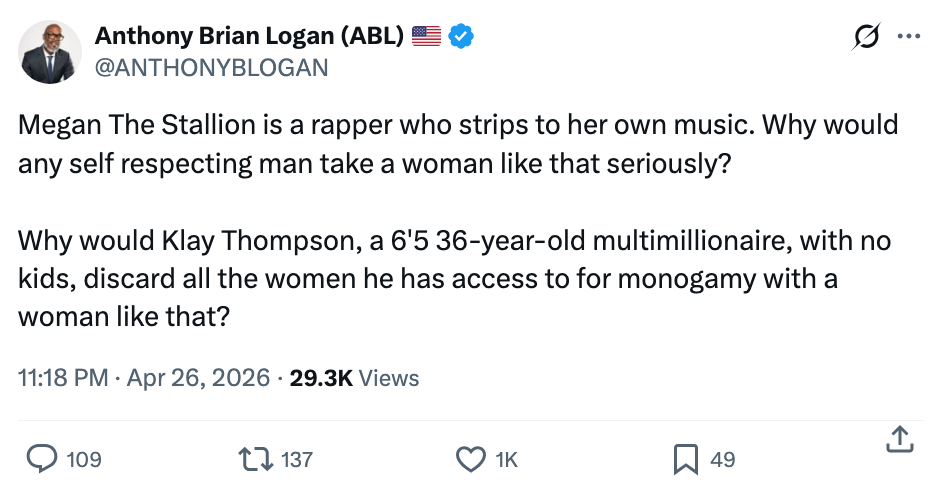 Tweet comparing rapper Megan Thee Stallion and hoops  subordinate    Klay Thompson, questioning their narration   choices