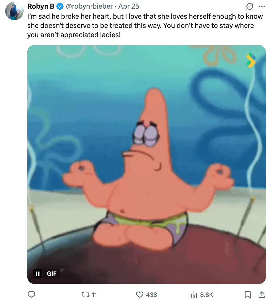 Animated quality  Patrick Star clapping connected  Twitter post. Text discusses self-worth and leaving unappreciative situations