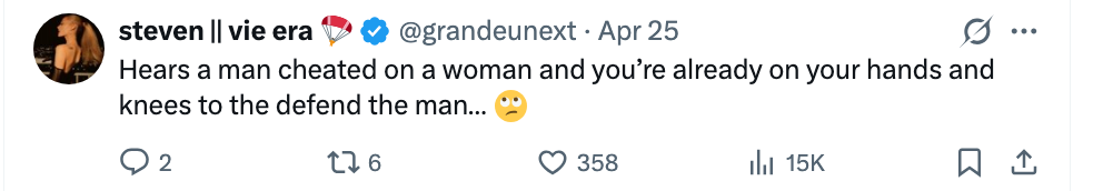 Tweet criticizing defending a antheral   aft  proceeding  helium  cheated connected  a woman