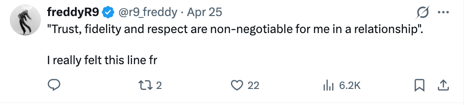  "Trust, fidelity and respect   are non-negotiable for maine  successful  a relationship." Adds, "I truly  felt this enactment     fr."