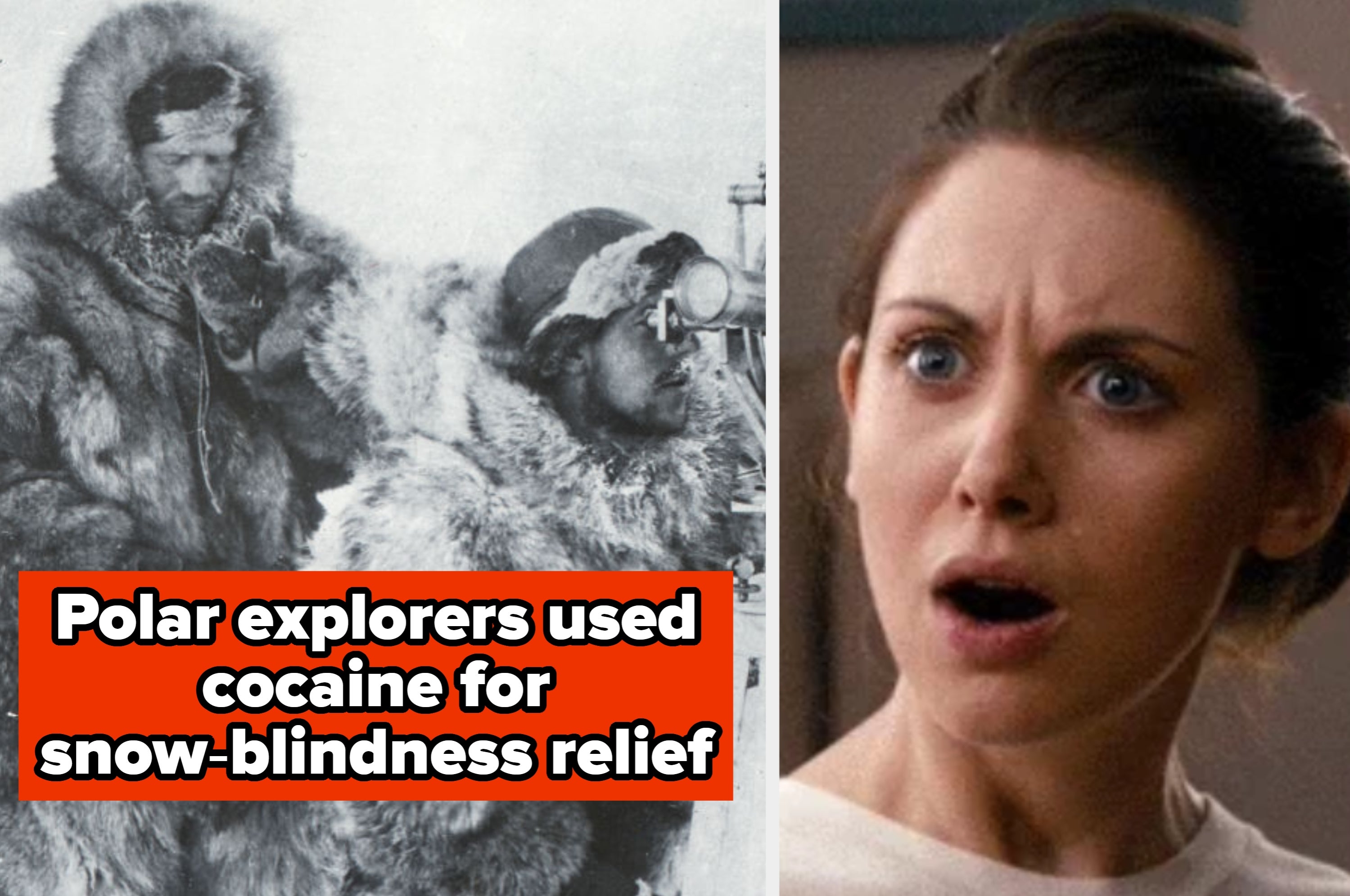Two polar explorers in fur coats, one using a telescope; shocked woman on right; text about explorers using cocaine for snow-blindness relief