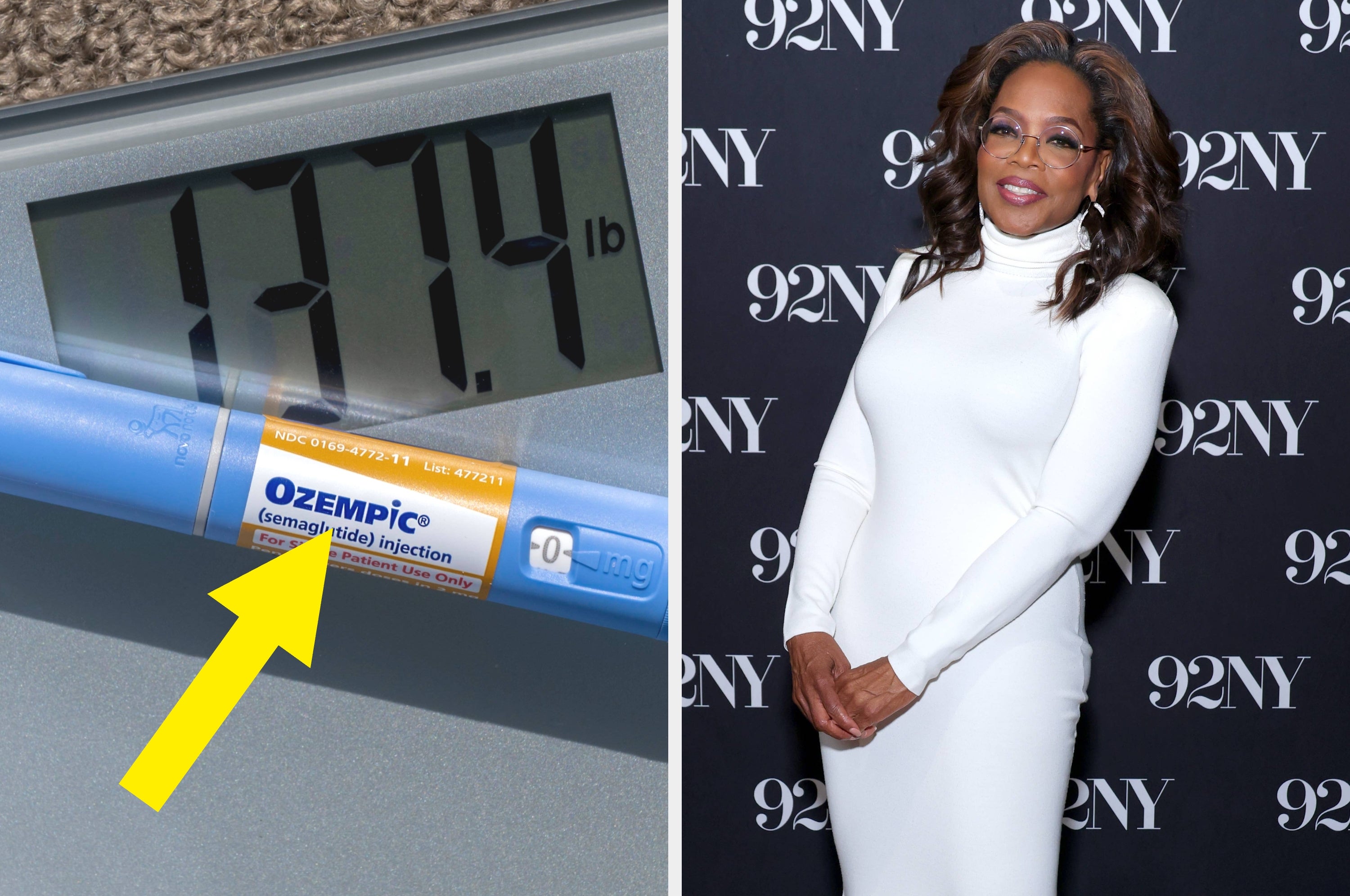 A scale shows "18.8 lb." next to Wegovy and Ozempic injection pens. On the right, a person is wearing a white gown at an event with a patterned backdrop