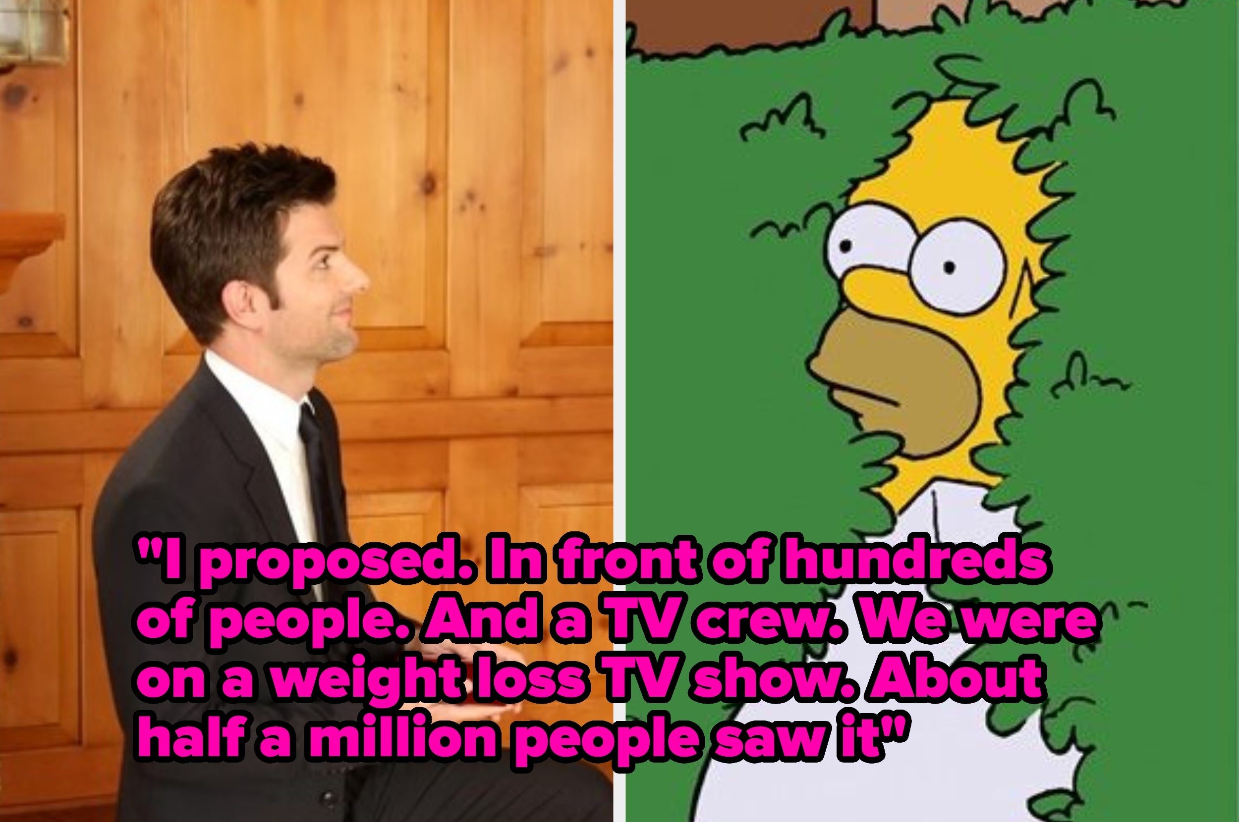 Image split: Left shows a man in a suit proposing; right shows cartoon character Homer Simpson retreating into a hedge