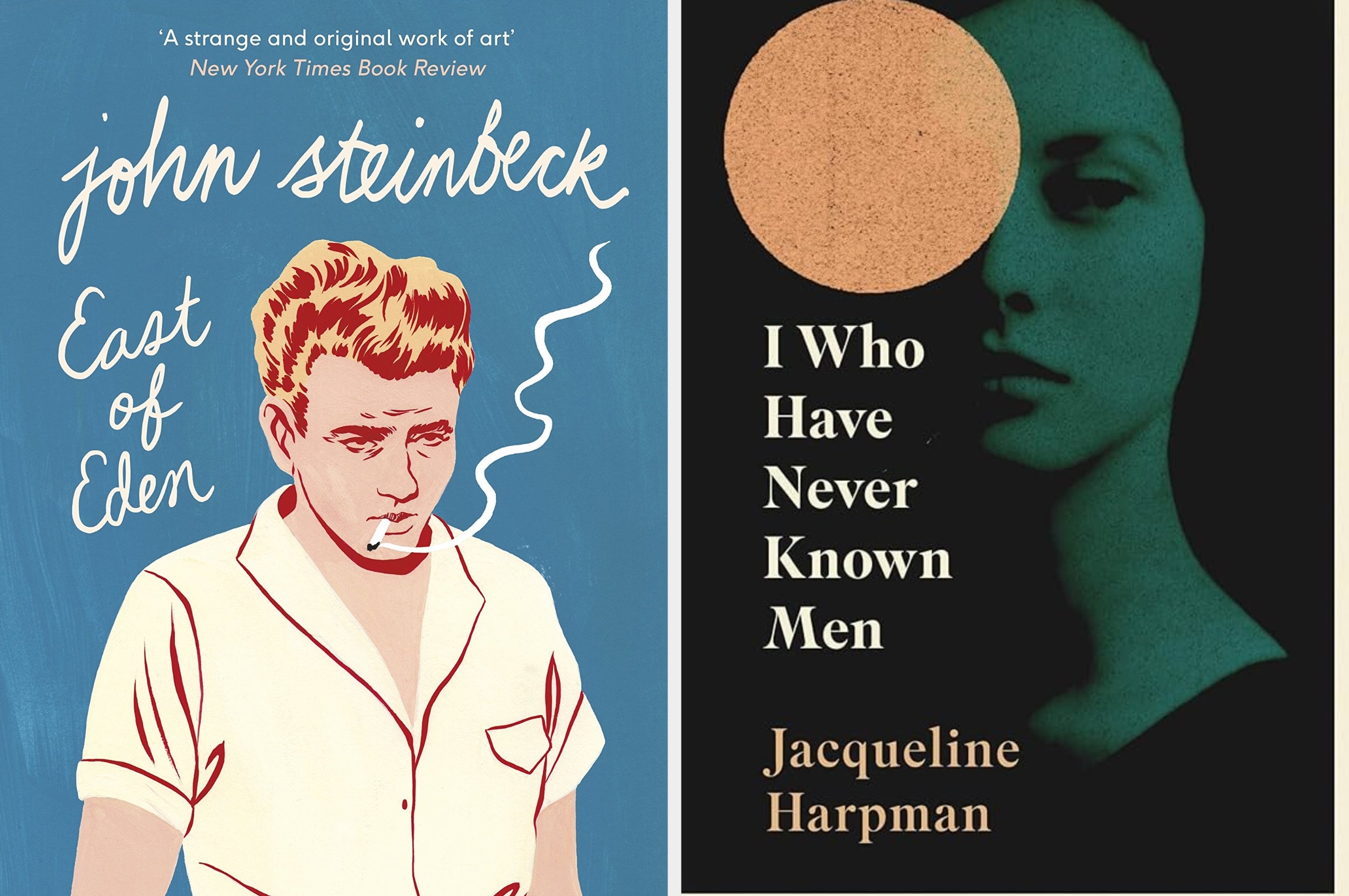 Two book covers: "East of Eden" by John Steinbeck features an illustrated man; "I Who Have Never Known Men" by Jacqueline Harpman shows a woman's face