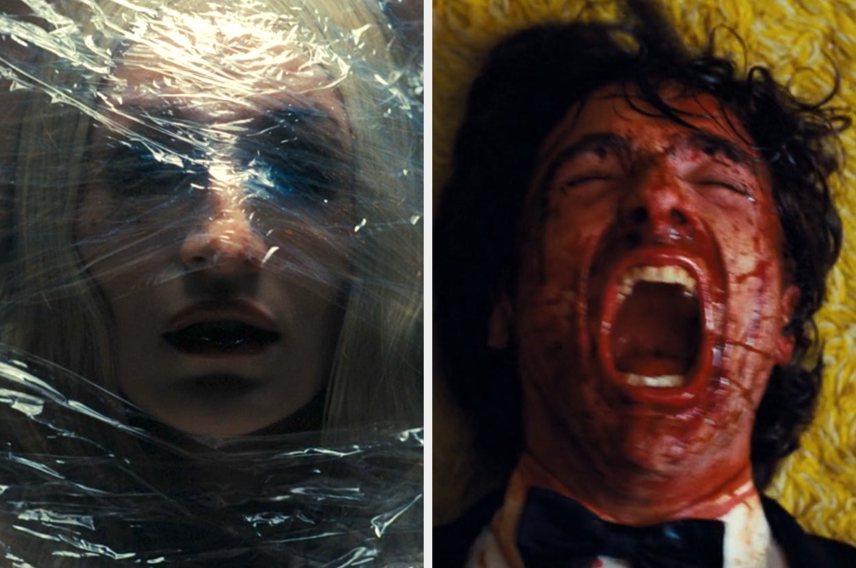 Two intense movie scenes: one with a person’s face wrapped in plastic, another with a person in a suit, face bloody, and mouth open wide