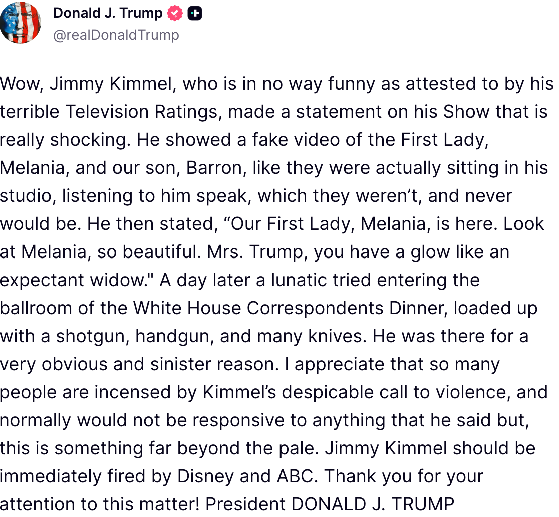  Donald Trump criticizes Jimmy Kimmel for featuring a fake video involving Melania and attacks Kimmel's comedic benignant   and intentions