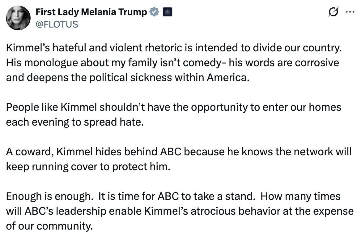 A tweet criticizing Jimmy Kimmel for divisive rhetoric and urging ABC to instrumentality     enactment   against his behavior