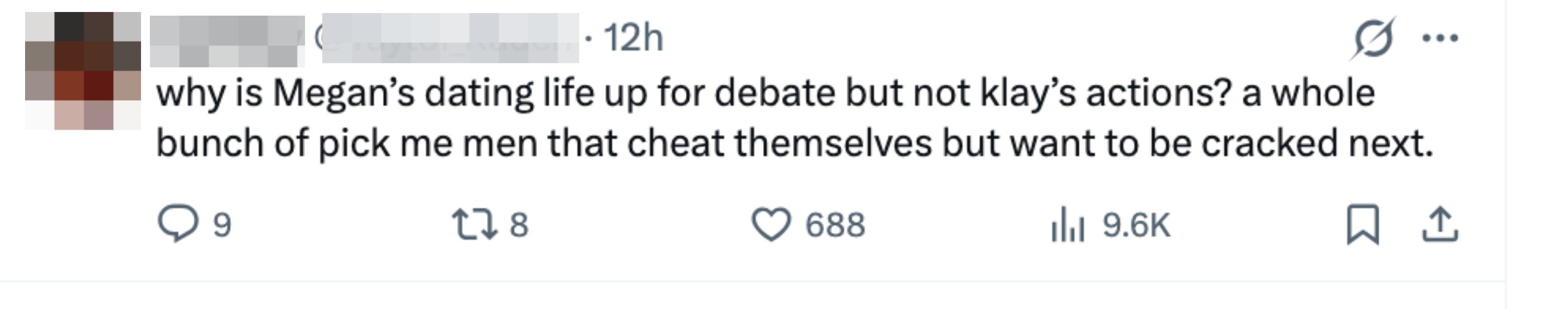 Tweet criticizing treble  standards successful  media sum  of Megan's and Klay's idiosyncratic   lives