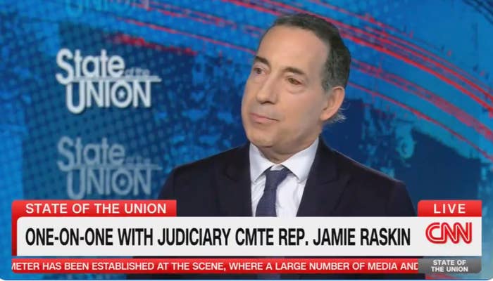 Man successful  a suit   speaking during a CNN State of the Union interview, labeled "One-on-One with Judiciary Cmte Rep. Jamie Raskin."