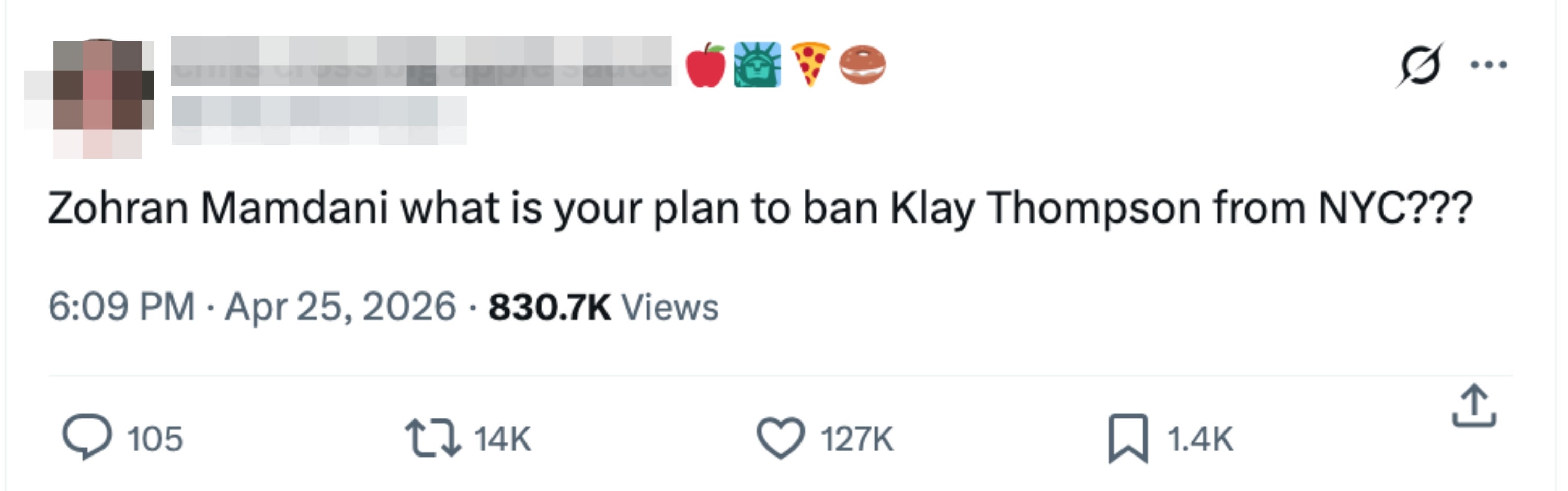 Tweet questioning Zohra Mamdani's program  to prohibition  Klay Thompson from NYC