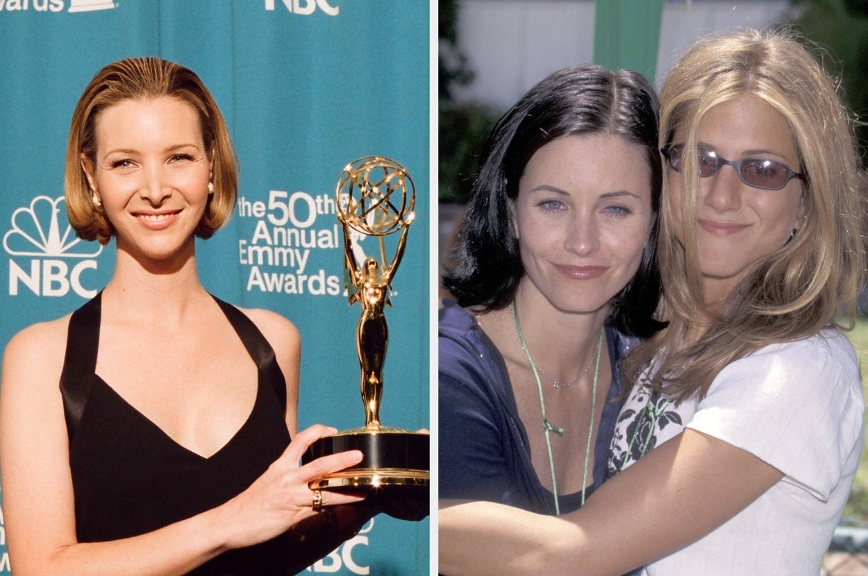 Two images: Woman holding an Emmy award in formal black dress. Two women smiling and embracing in casual attire outdoors