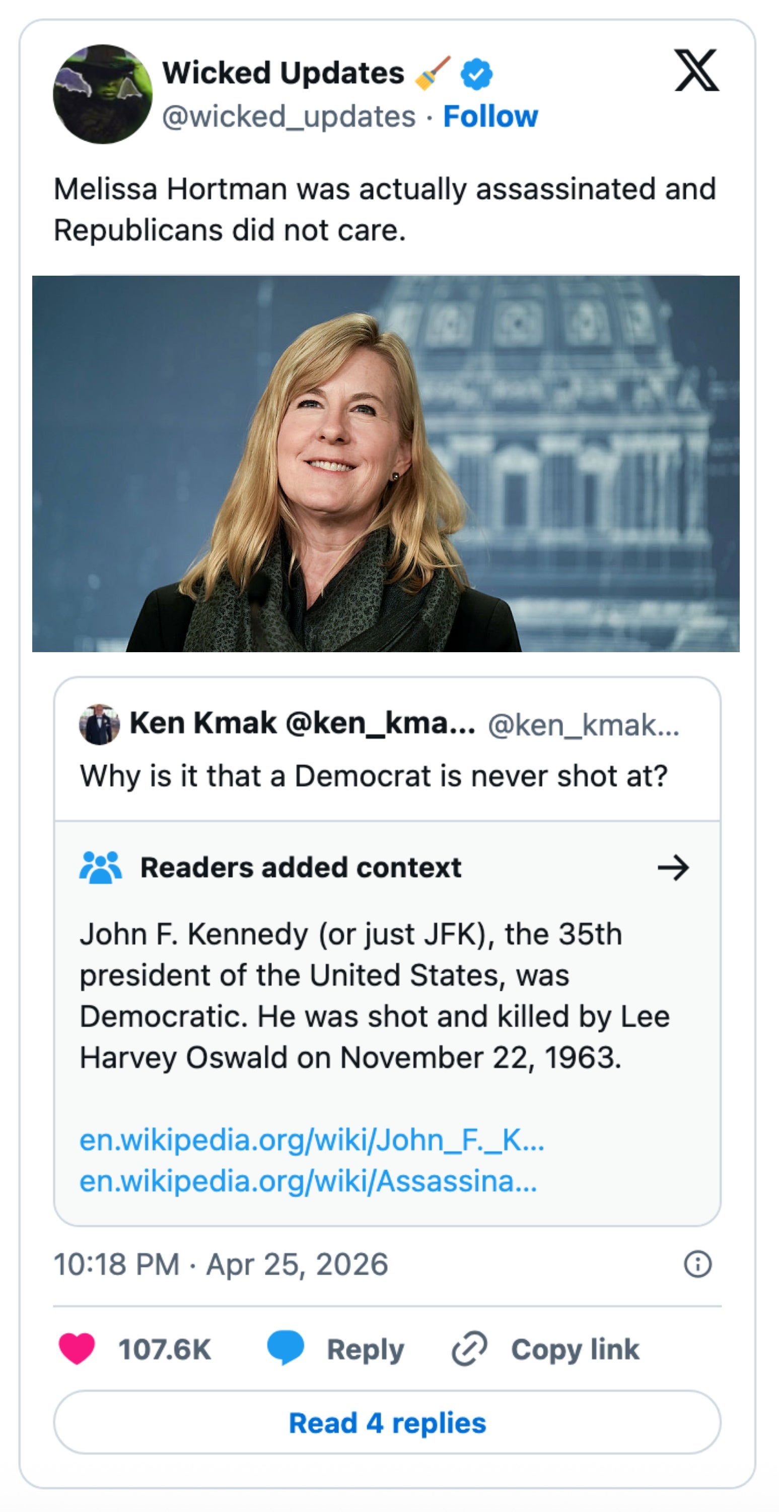 Tweet av Wicked Updates: "Melissa Hortman ble faktisk myrdet og republikanerne brydde seg ikke." Inkluderer leserforklaring om JFKs attentat