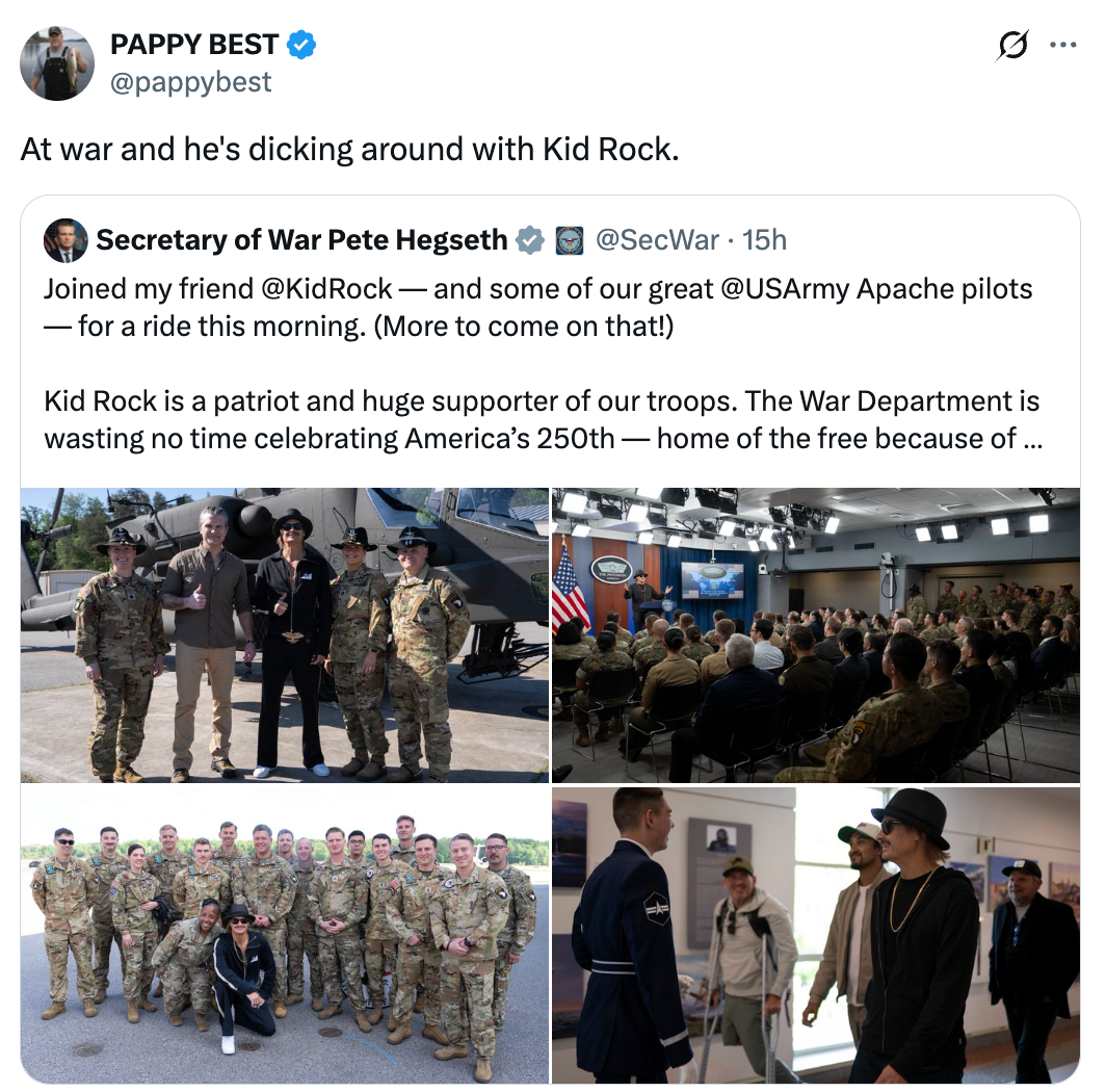 Tweet som viser Pete Hegseth med Kid Rock og soldater i ulike settinger. Inkluderer en uttalelse om å feire USAs 250. år
