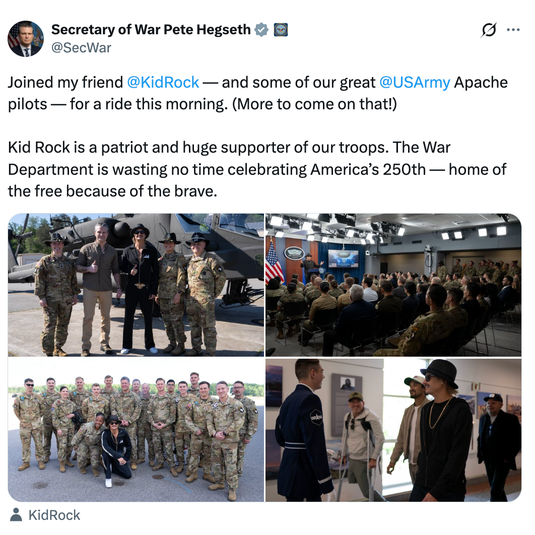 Tweet fra Pete Hegseth med bilder av militært personell og Kid Rock som besøker en militærbase, med helikoptre og et innendørs arrangement