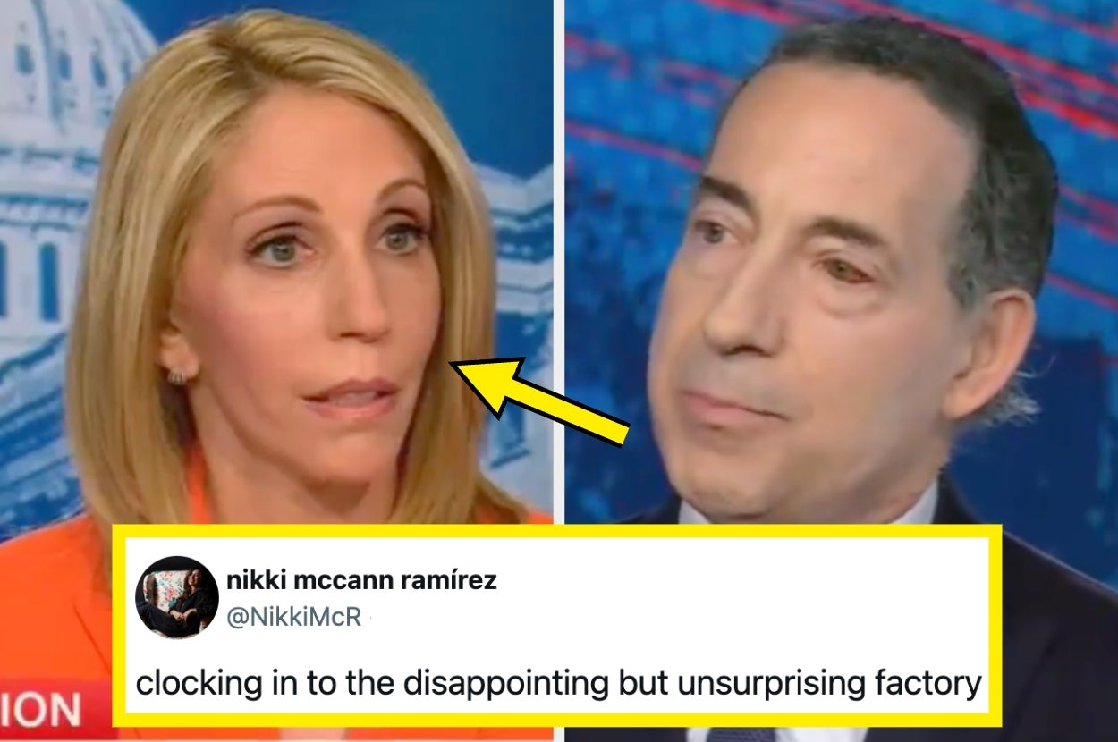 Two news anchors in discussion on TV. A tweet below them reads, "clocking in to the disappointing but unsurprising factory."