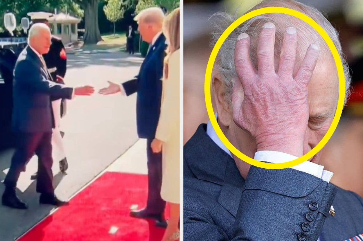 Two photos: Left, a person greeting a couple on a red carpet. Right, a person with a hand on their face, appearing exasperated