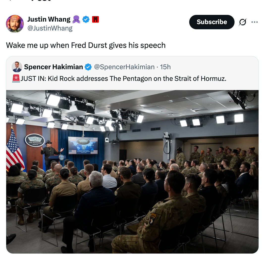 Tweet-skjermbilde: "Vekk meg når Fred Durst holder sin tale" refererer til en tweet om Kid Rock som henvender seg til Pentagon