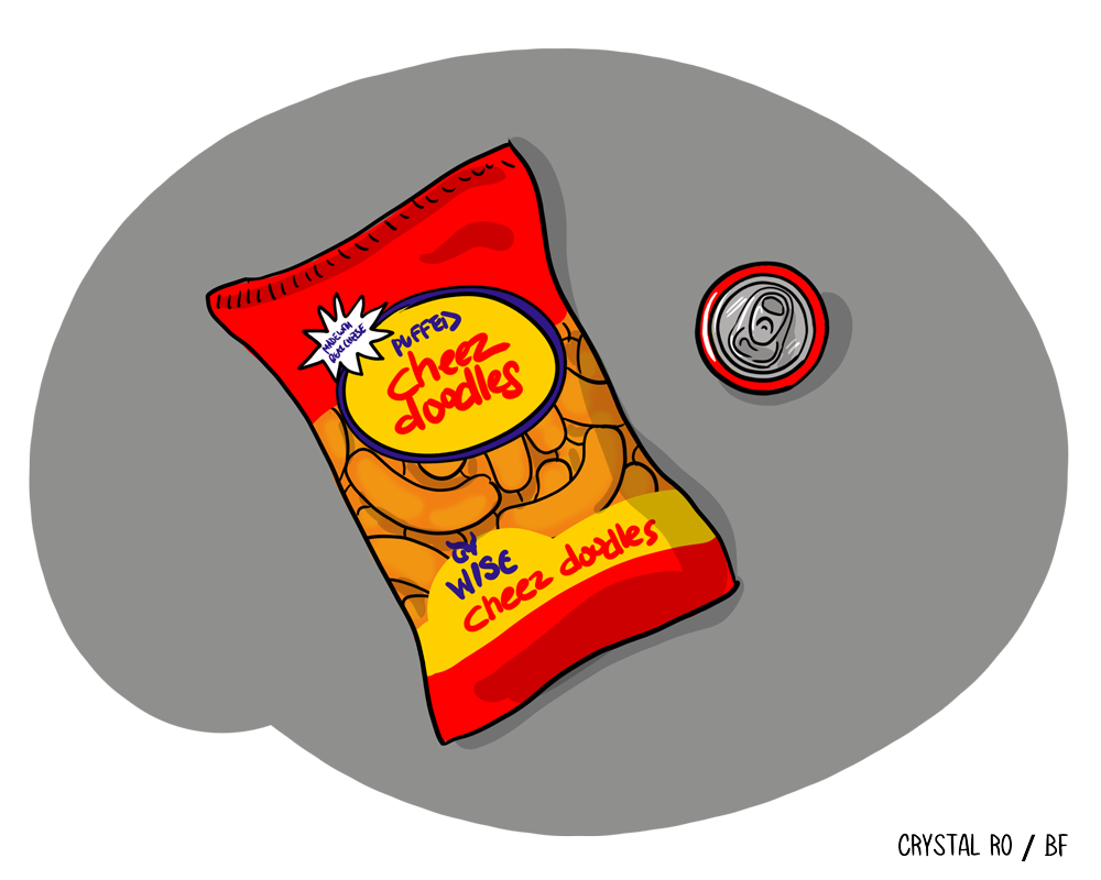 Bag of food  snacks and a soda tin  connected  a grey  surface