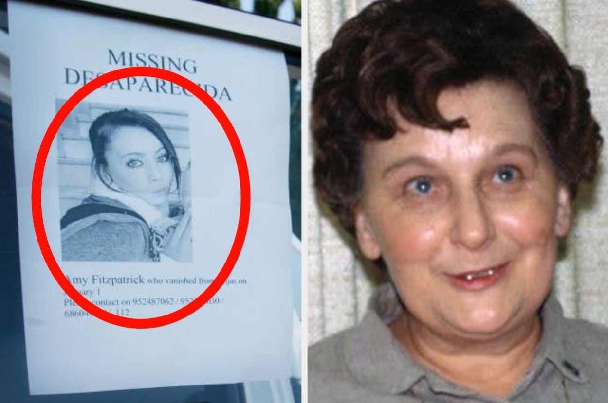 Left side: Missing person poster for a young woman named Amy Fitzpatrick. Right side: Undated portrait of an older woman smiling