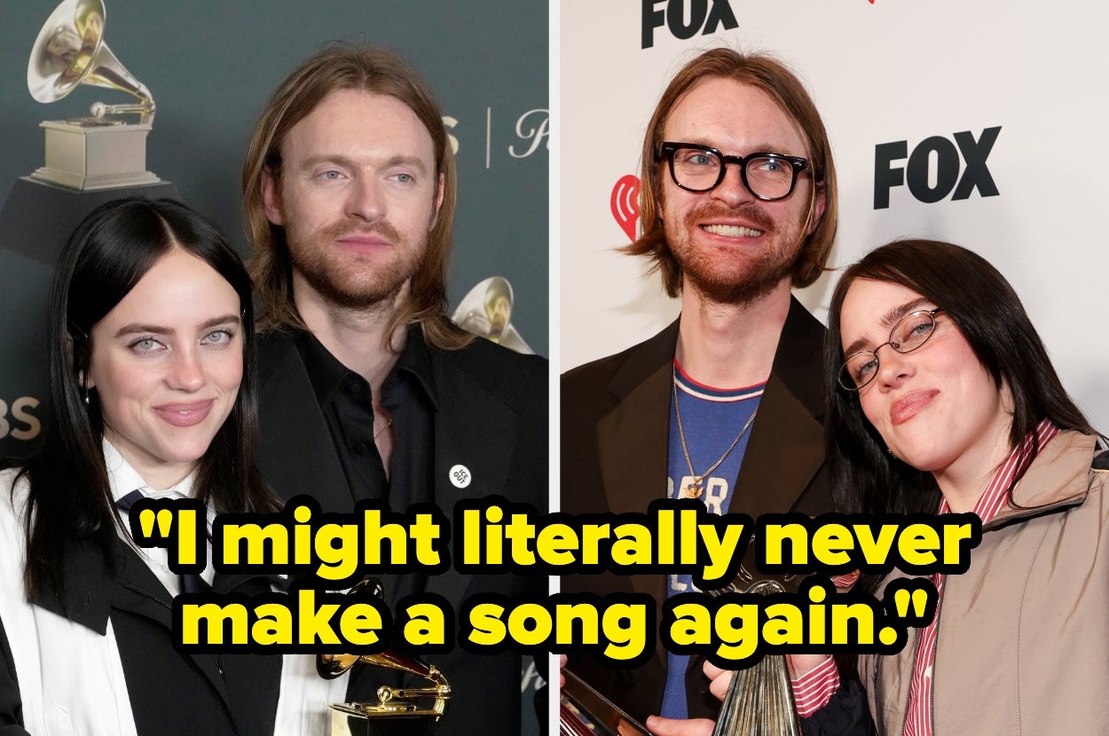Two people posing on a red carpet. Quote overlay: "I might literally never make a song again."