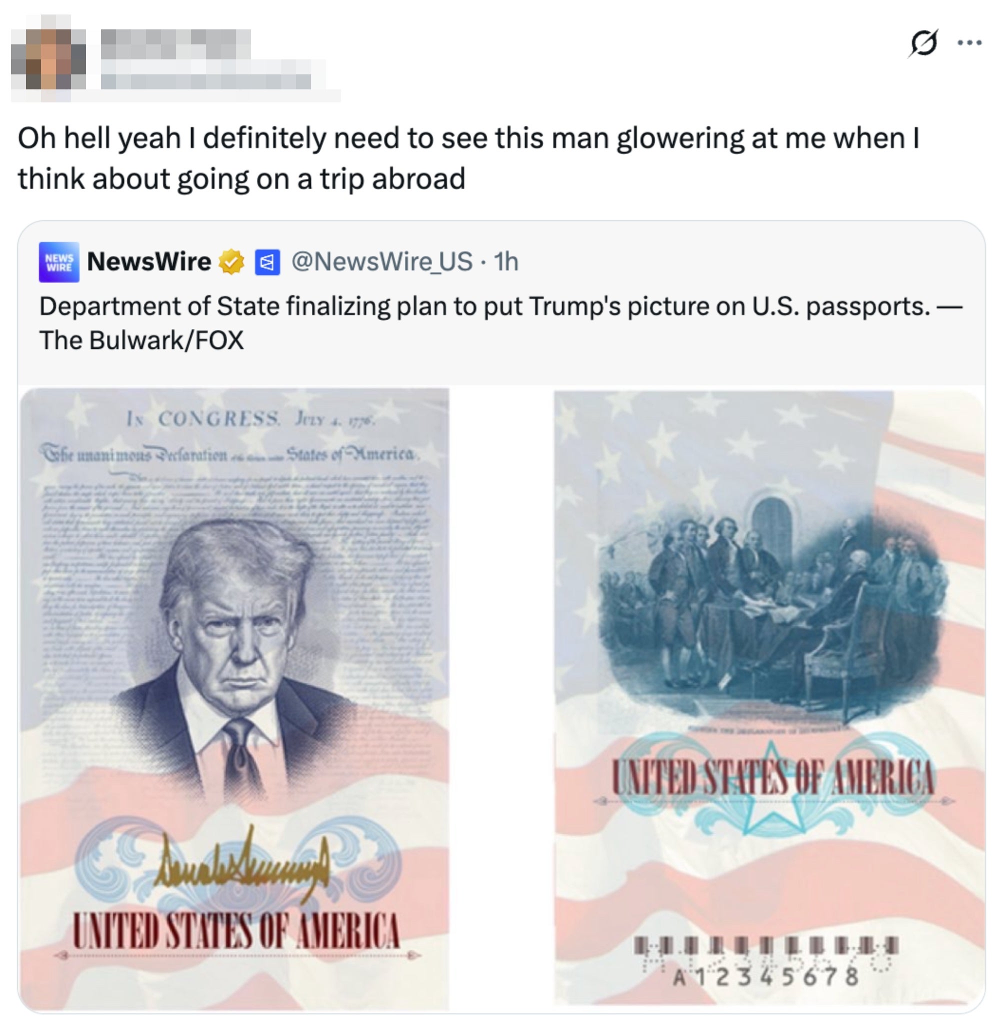 Tweet om en nyhetsartikkel som diskuterer planer om å legge til Trumps bilde i amerikanske pass