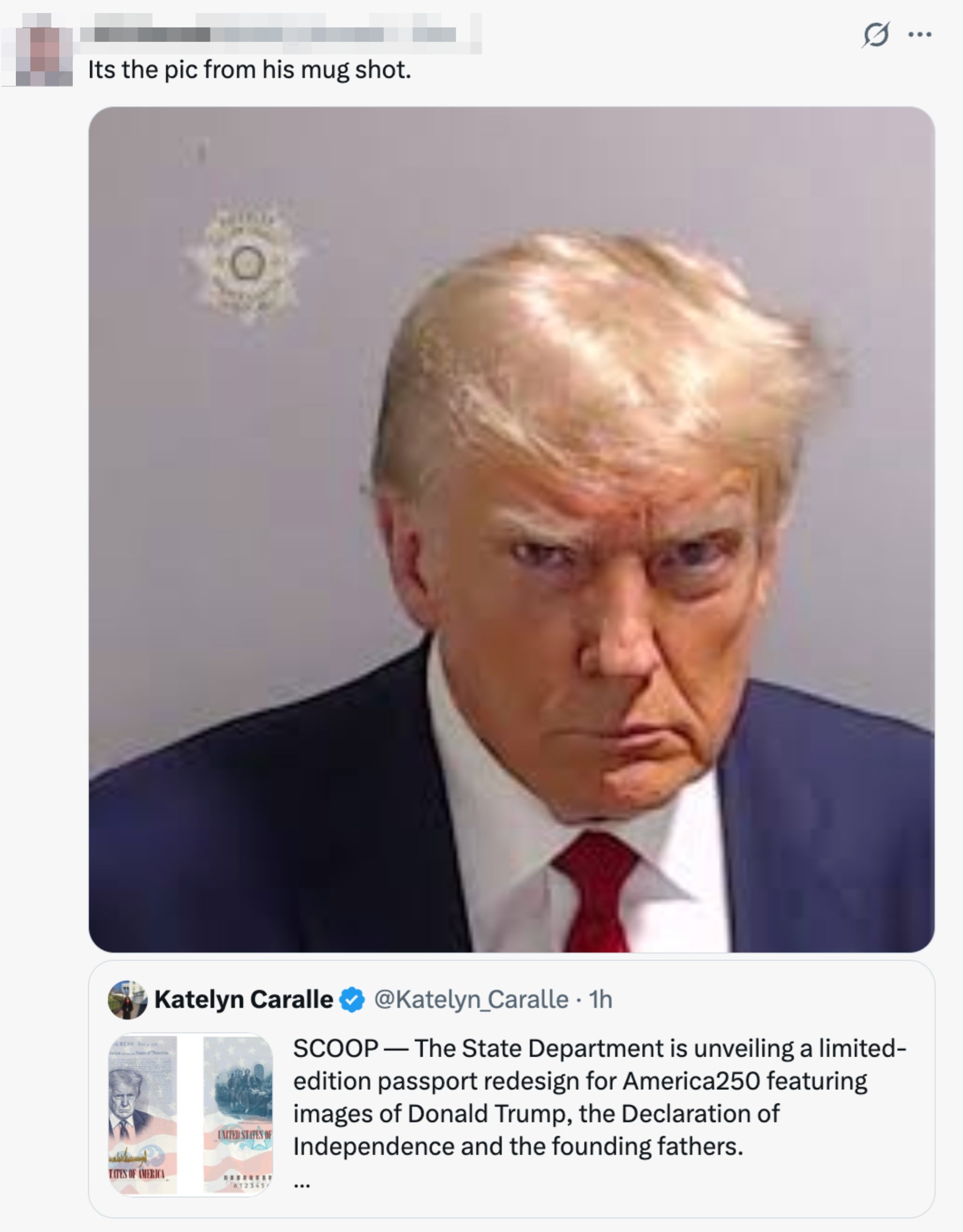 Et innlegg på sosiale medier refererer humoristisk til et krusbilde av en mann med seriøst uttrykk, sammen med en tweet om et redesign av pass med historiske elementer