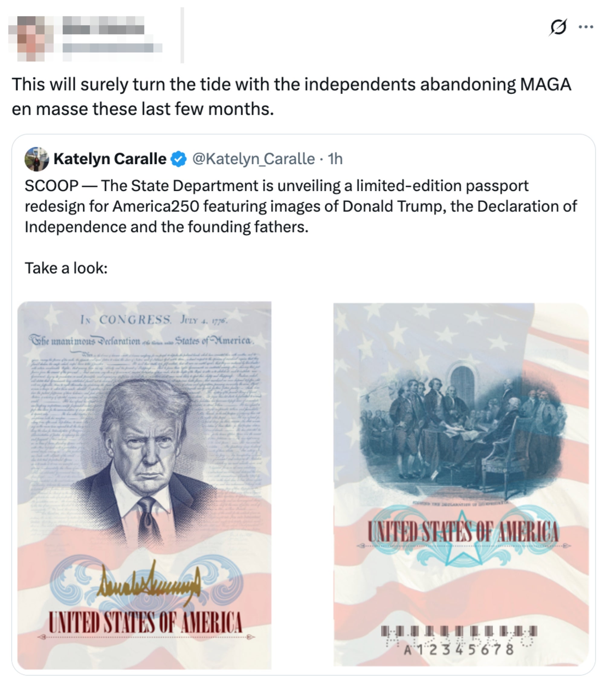 Tweet hånende passdesign i begrenset opplag med Trumps bilde og historiske amerikanske scene, noe som tyder på skifte i uavhengige velgere