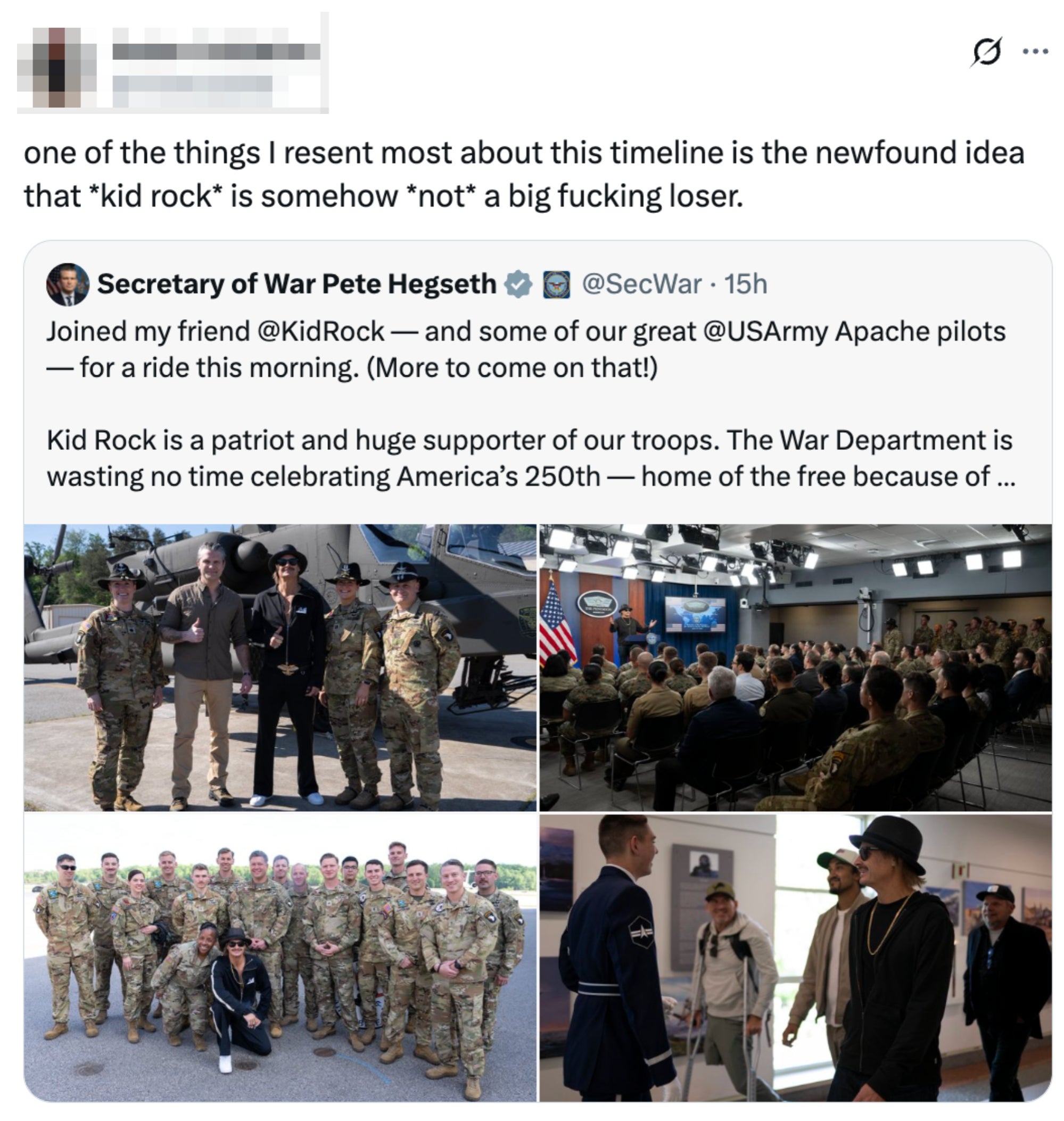 Tweet som diskuterer Kid Rocks militære støtte; inkluderer bilder av ham med soldater og ved militære arrangementer